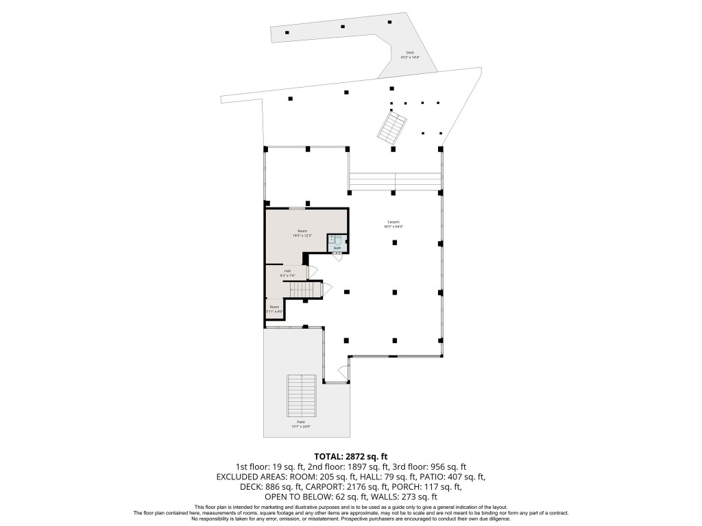 This is a floor plan of a multi-level home totaling 2,872 sq. ft. It features two rooms, a bathroom, a large carport, and a spacious deck. The first floor is 19 sq. ft., the second floor is 1,897 sq. ft., and the third floor is 956 sq. ft. Additional areas include a patio, deck, and porch.