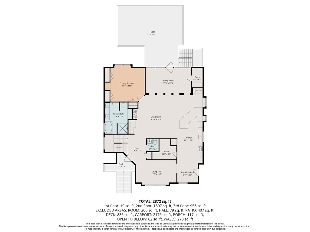 This floor plan features a spacious layout with a primary bedroom and bath, a large living room, a sitting room, and a kitchen with a breakfast nook. The home includes a porch, foyer, and deck for outdoor enjoyment, totaling 2,872 sq. ft. across multiple levels.