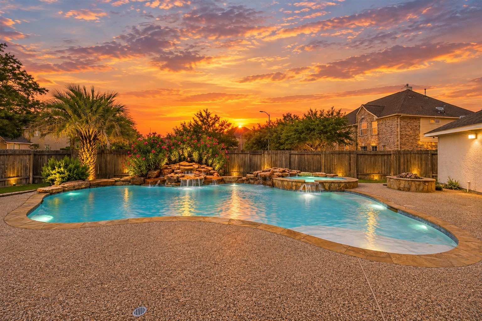 Enjoy your own private oasis with this spacious backyard featuring a sparkling pool, soothing waterfall, and a beautifully landscaped setting, perfect for relaxation and entertainment.
