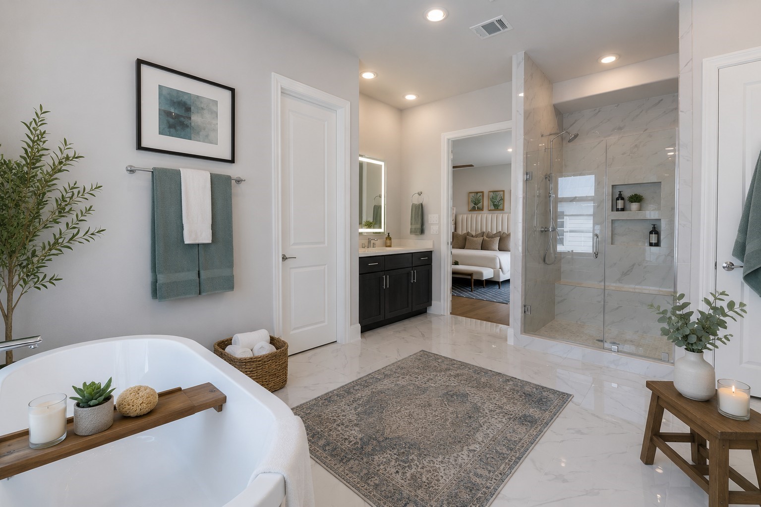 Separate free standing tub and shower in this massive primary bathroom! Virtual staging added. Separate free standing tub and shower in this massive primary bathroom! Virtual staging added.