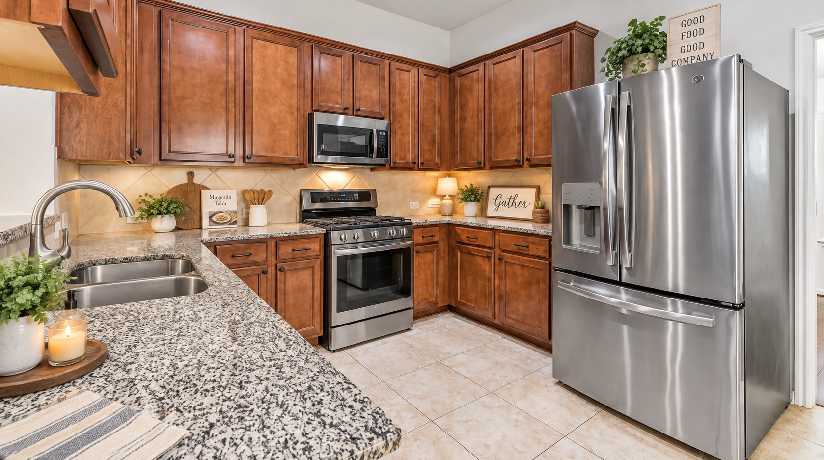 The well-appointed kitchen features granite countertops, abundant raised-panel cabinetry, a tile backsplash & flooring, recessed lighting and a stainless appliance package including a gas range, microwave and French-door refrigerator.