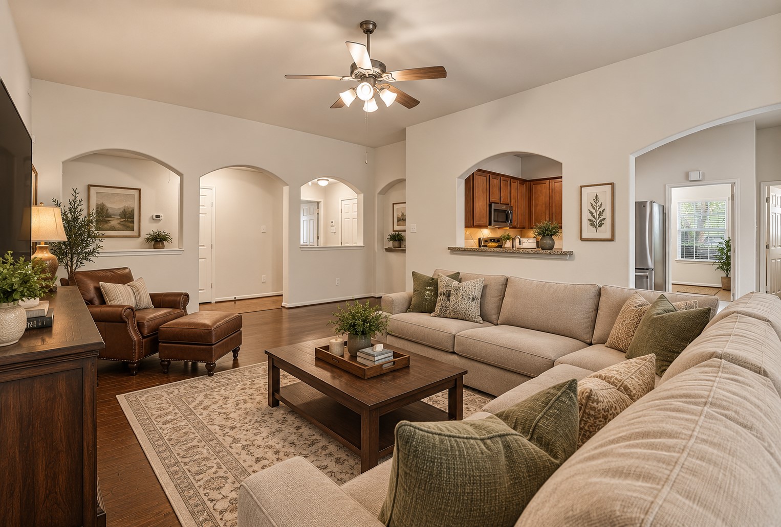 From this angle, the family room highlights the home's easy flow, with arched openings and a granite-topped pass-through providing an open connection to the kitchen, breakfast area and surrounding living spaces (virtually staged).