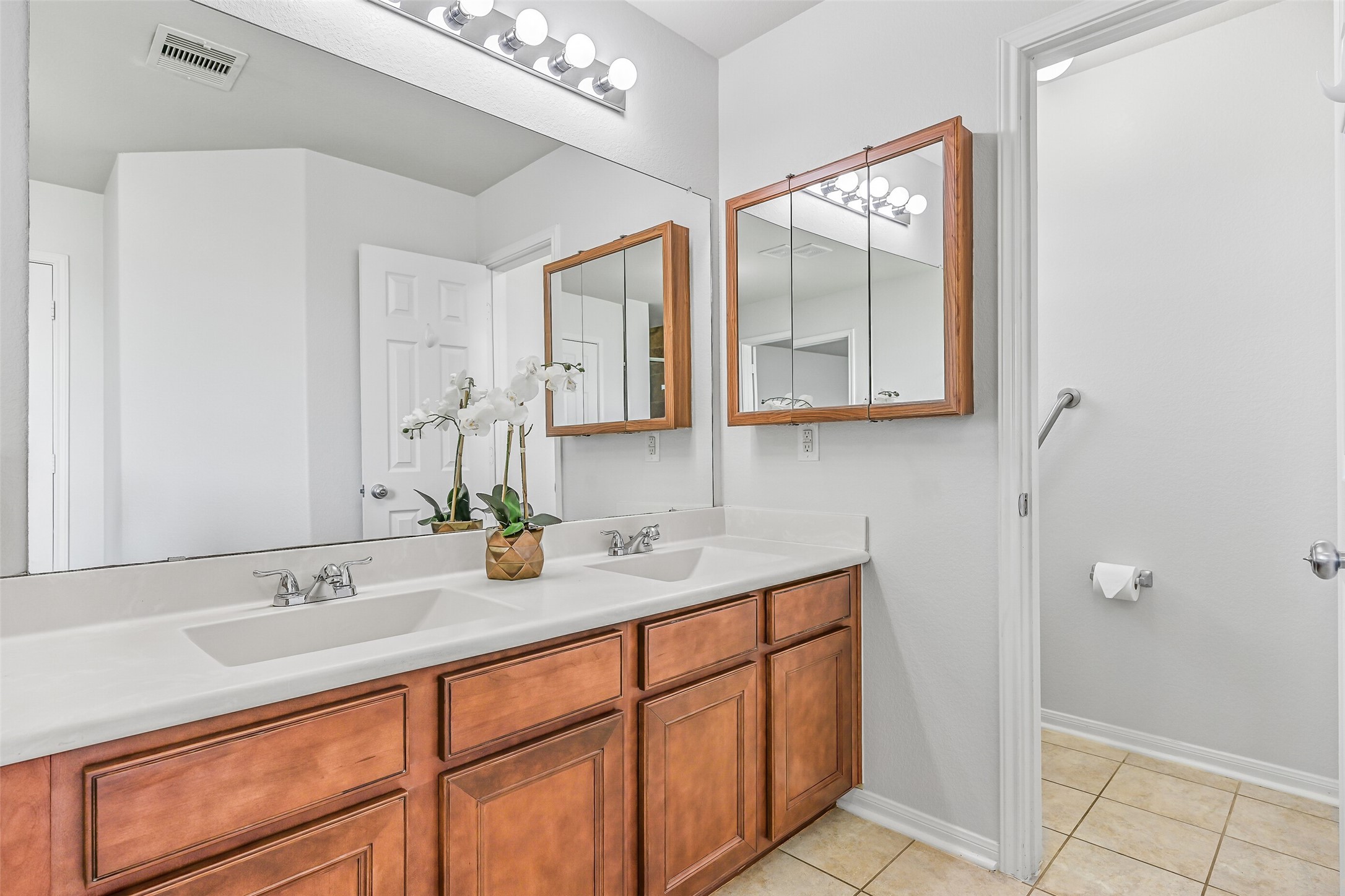 A long dual-sink vanity provides plenty of counter space and storage in the primary bath, complemented by a wall-spanning mirror and convenient access to the separate shower and walk-in closet.