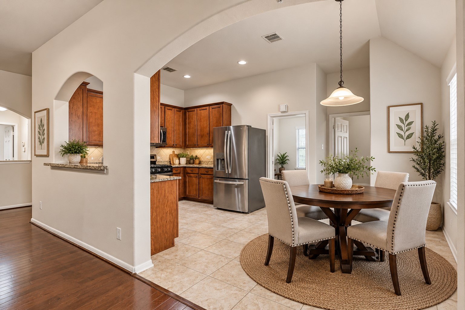 An oversized arched opening introduces the bright breakfast area, conveniently positioned alongside the kitchen and family room with easy-care tile flooring, pendant lighting and plenty of space for a casual dining table. (virtually staged)