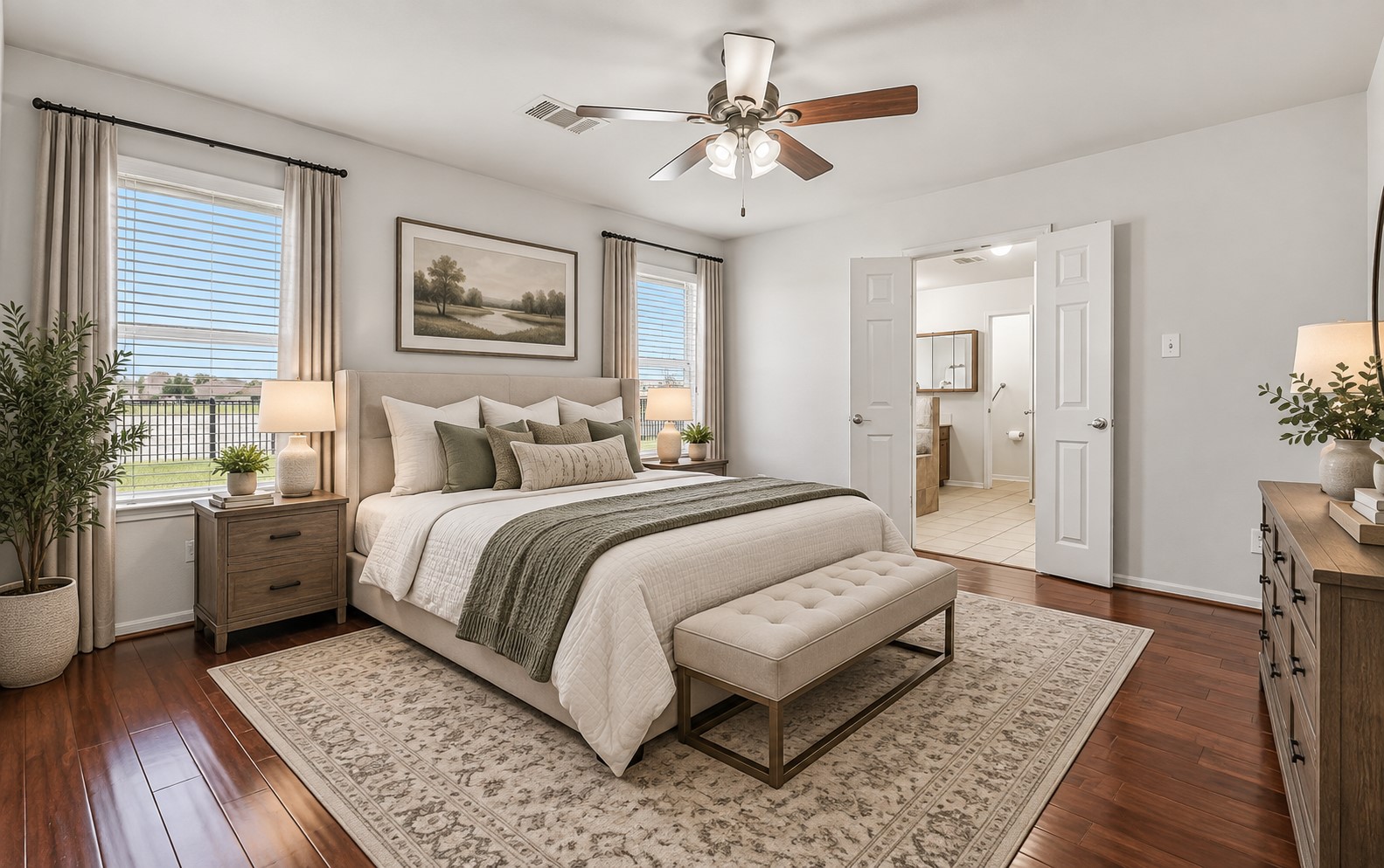 The secluded primary suite offers a peaceful retreat with rich wood flooring, fresh neutral paint, ceiling fan & two large windows framing views of the backyard and pond, while double doors lead directly into the spacious en-suite bath. (virtually staged)