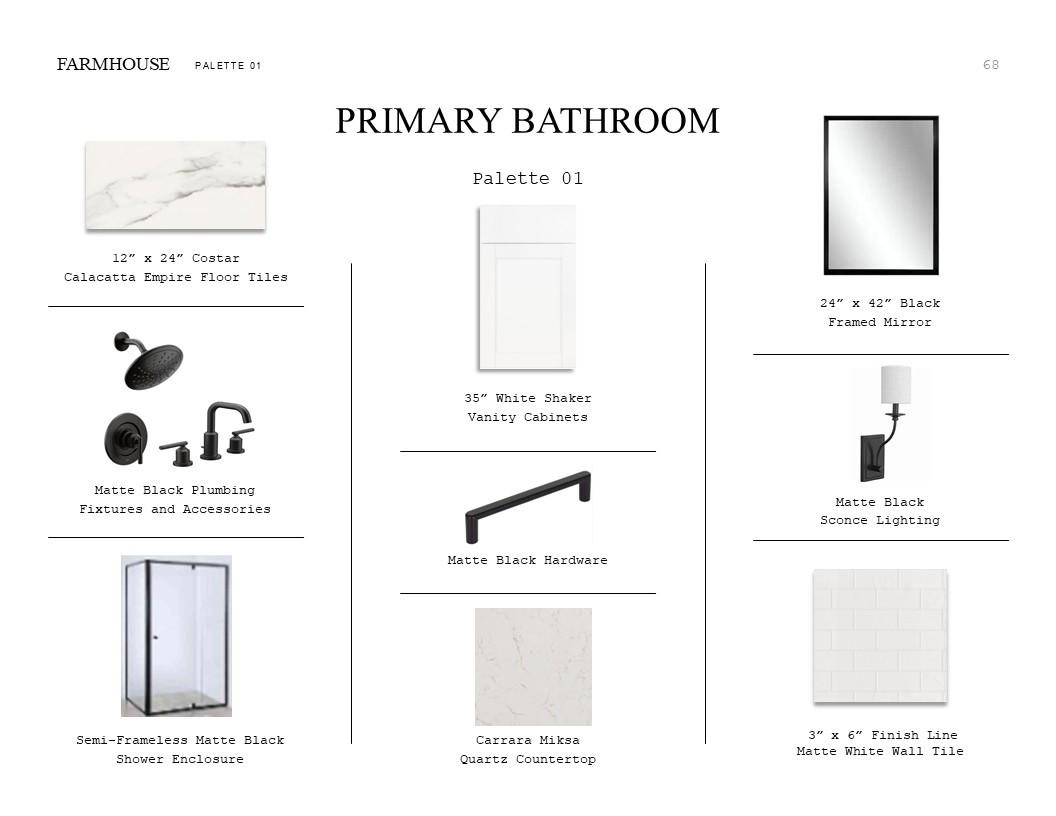 Farmhouse Look Palette 1: Primary Bathroom Selection Sheet (*Artist rendering used for illustration purposes only.)