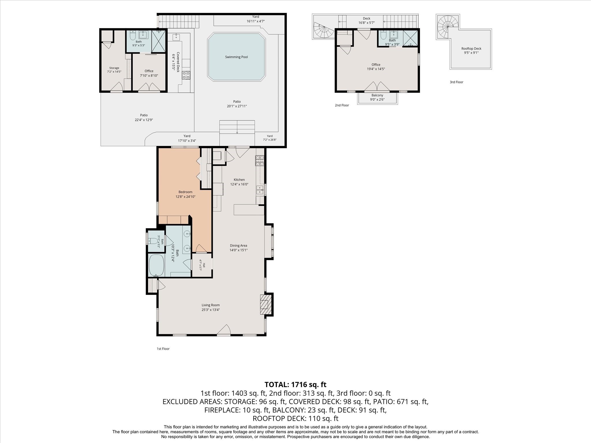 Full layout of house, office/storag, flex space and roof top deck