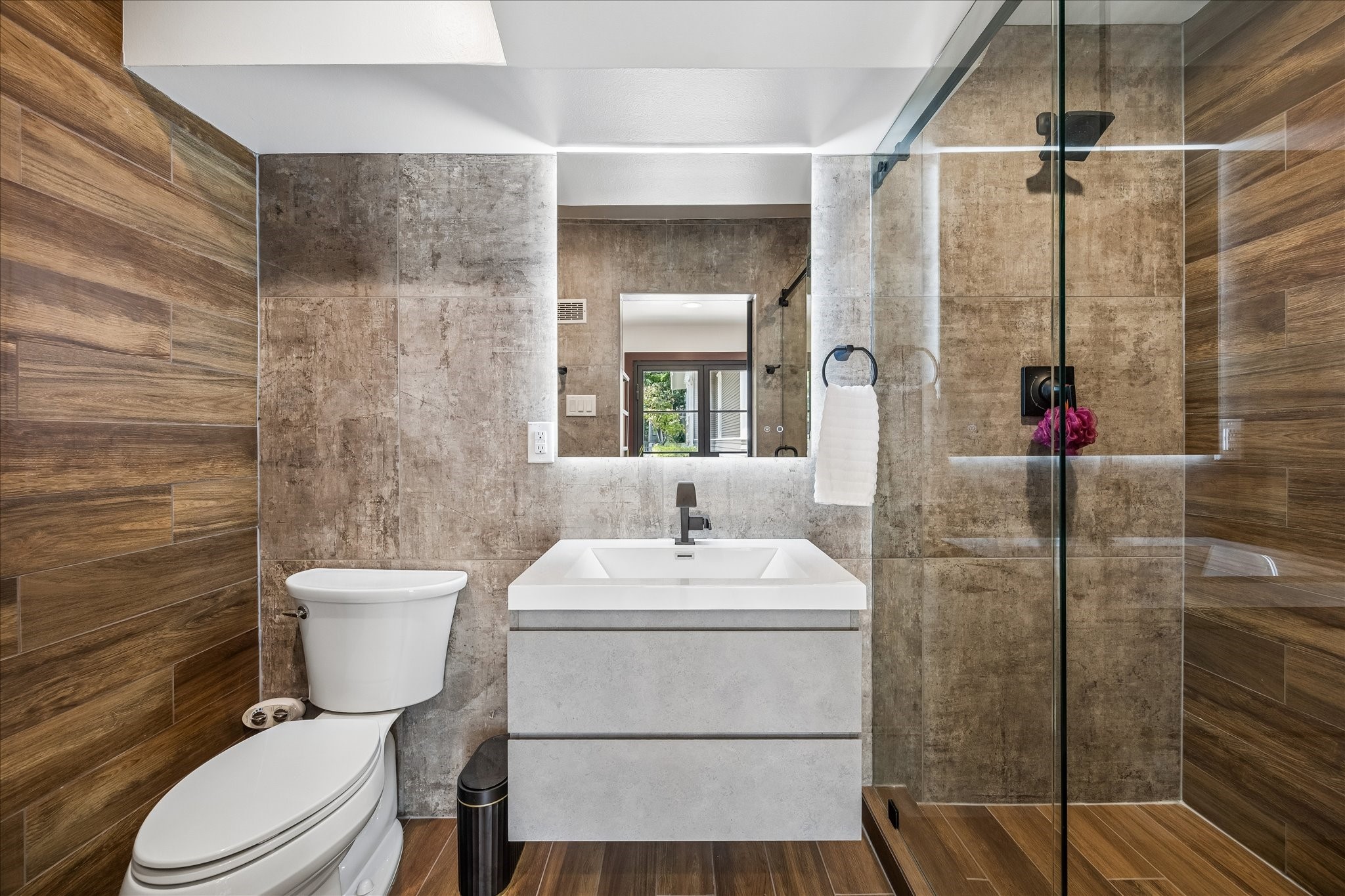 Convenient bathroom access from the office space.