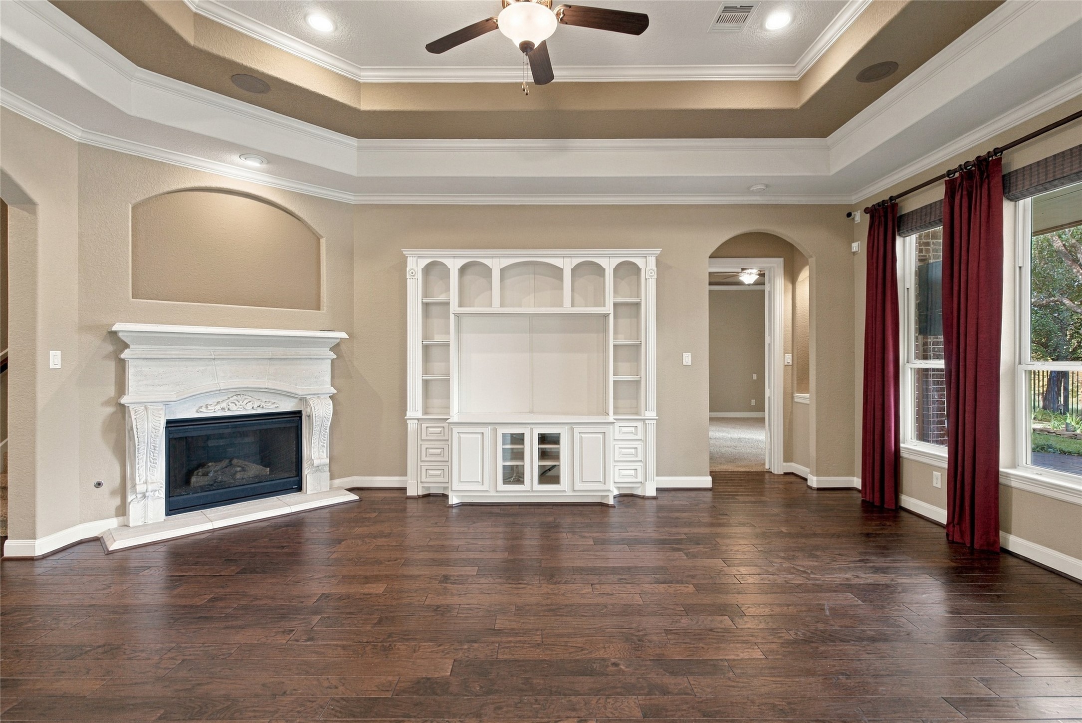 Closer look at the fabulous built-ins and cozy fireplace.