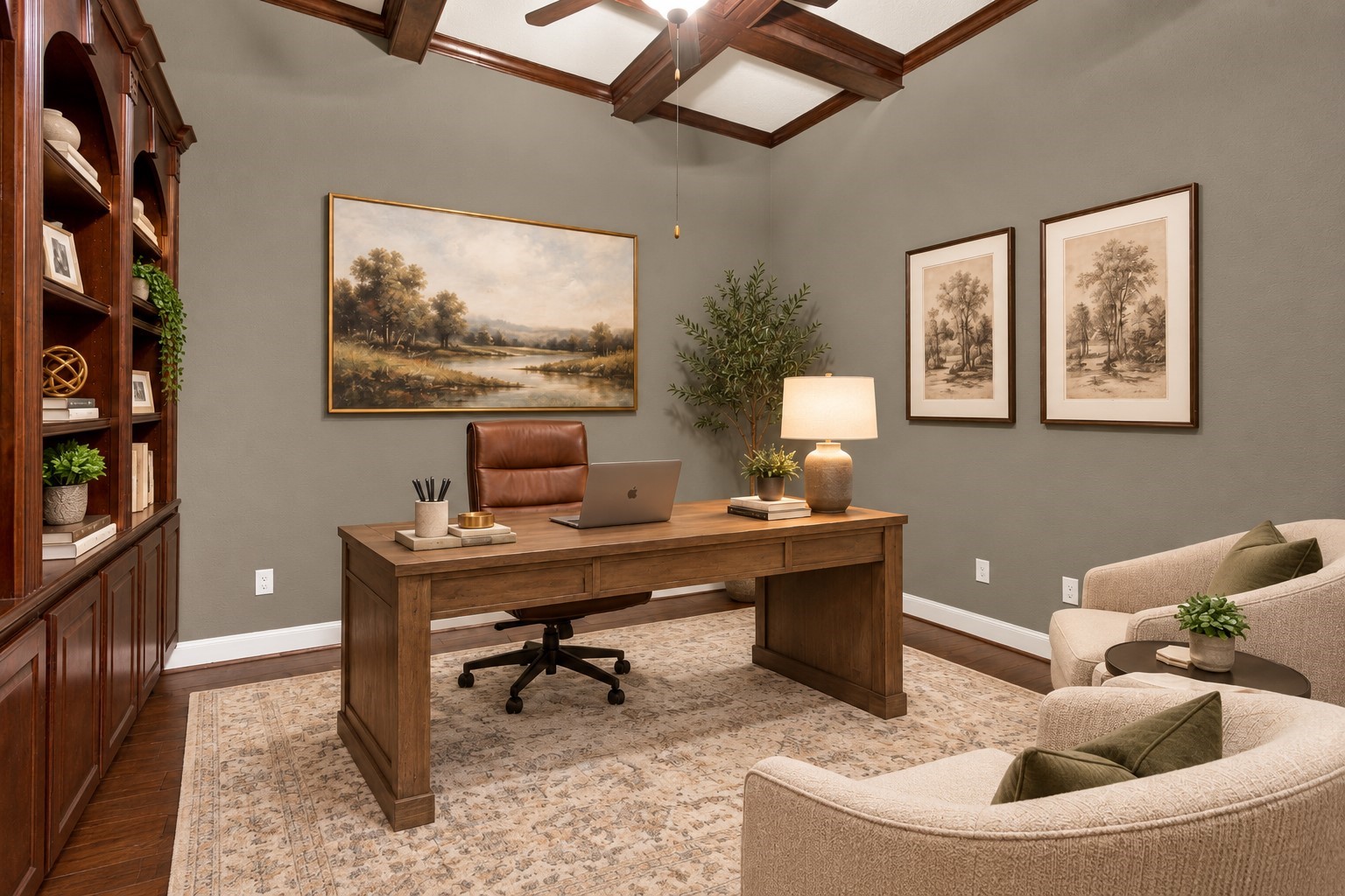 Dedicated home office featuring wood flooring, built-in shelving, and a beautiful ceiling, offering an ideal space to work or study. (Virtually Staged)