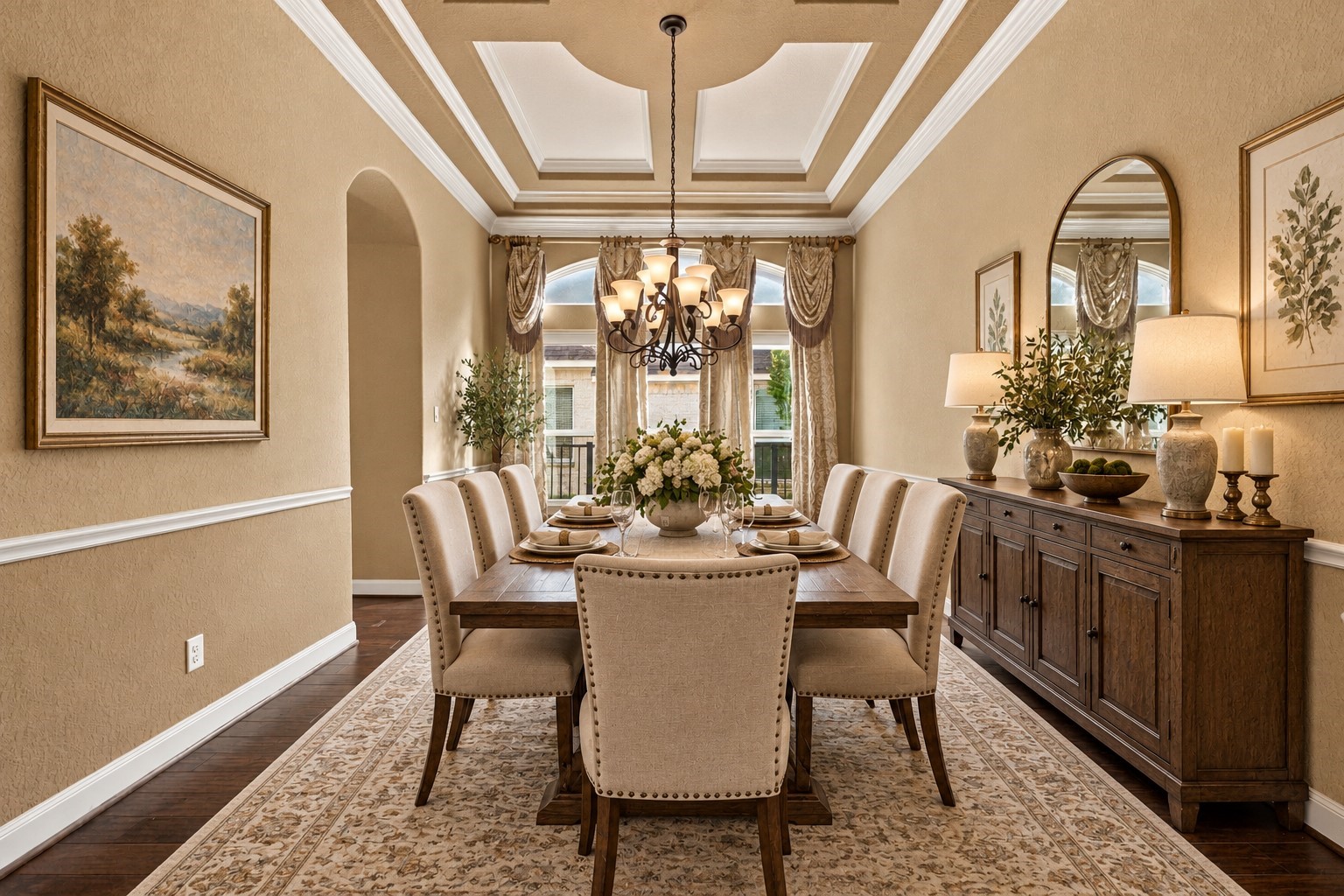 Elegant formal dining room featuring wood flooring, a beautiful tray ceiling, chandelier, and large windows, perfect for hosting gatherings. (Virtually Staged)