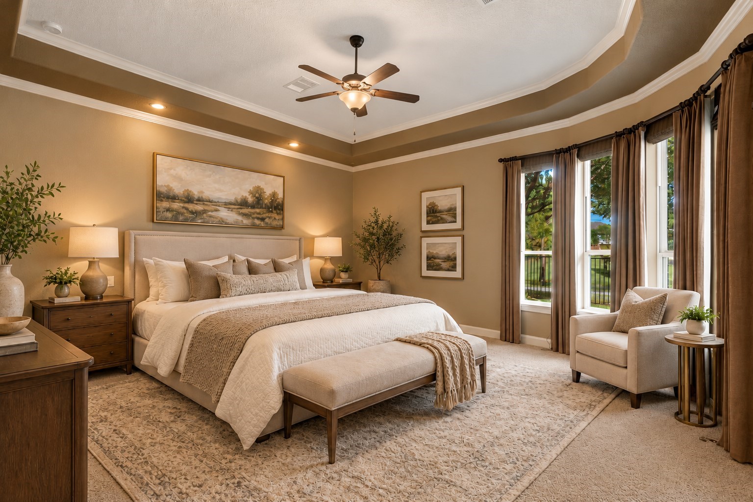 Massive primary suite featuring plush carpeting, a beautiful tray ceiling, ceiling fan, and large windows overlooking the backyard. (Virtually Staged)