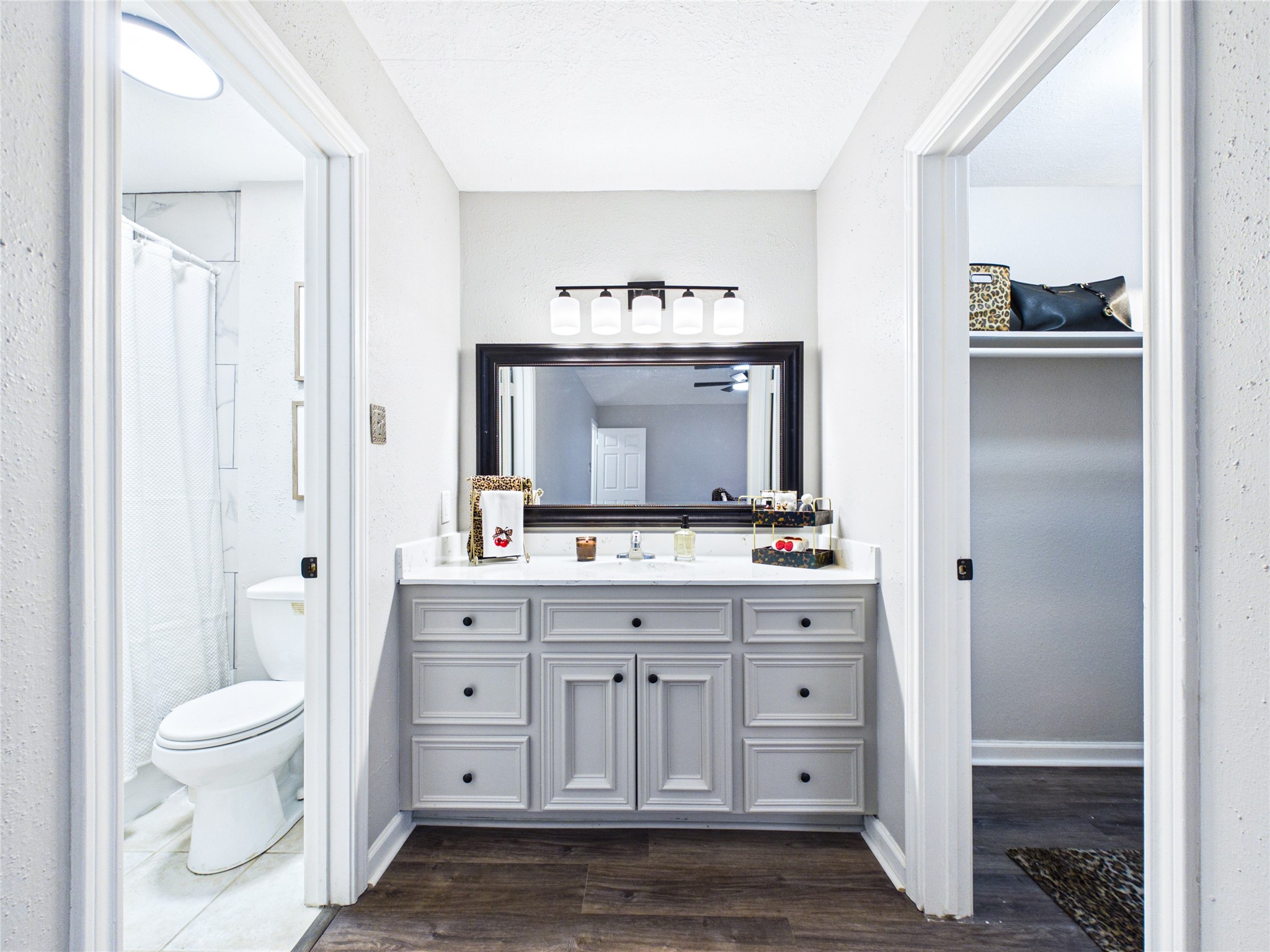 Beautiful Primary bathroom with a sleek vanity, modern lighting, and convenient access to a walk-in closet on the right and a bright shower area on the left.