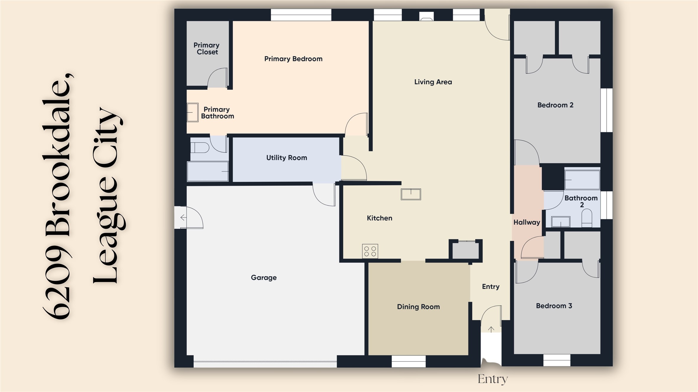 Spacious single-story layout featuring three bedrooms, two bathrooms, a generous living area, and a dining room. The primary suite offers a private bathroom and closet, while a convenient utility room and attached garage enhance functionality.