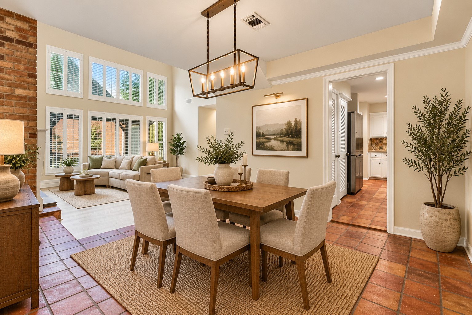 Virtually staged formal dining room showcasing its connection to the living room and kitchen, ideal for entertaining and gatherings.
