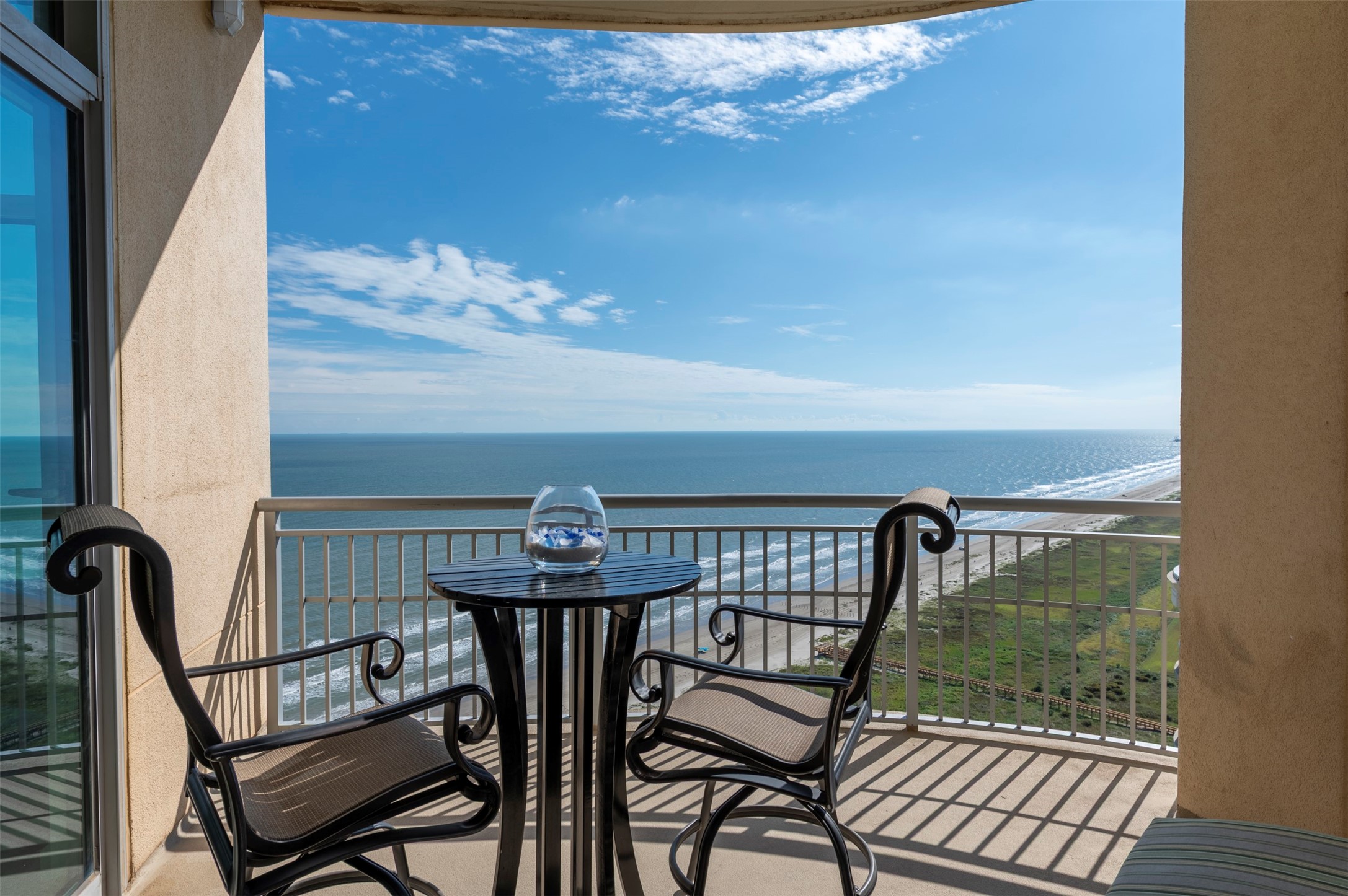 Private beach balcony with sweeping Gulf views and a long stretch of Galveston coastline Private beach balcony with sweeping Gulf views and a long stretch of Galveston coastline