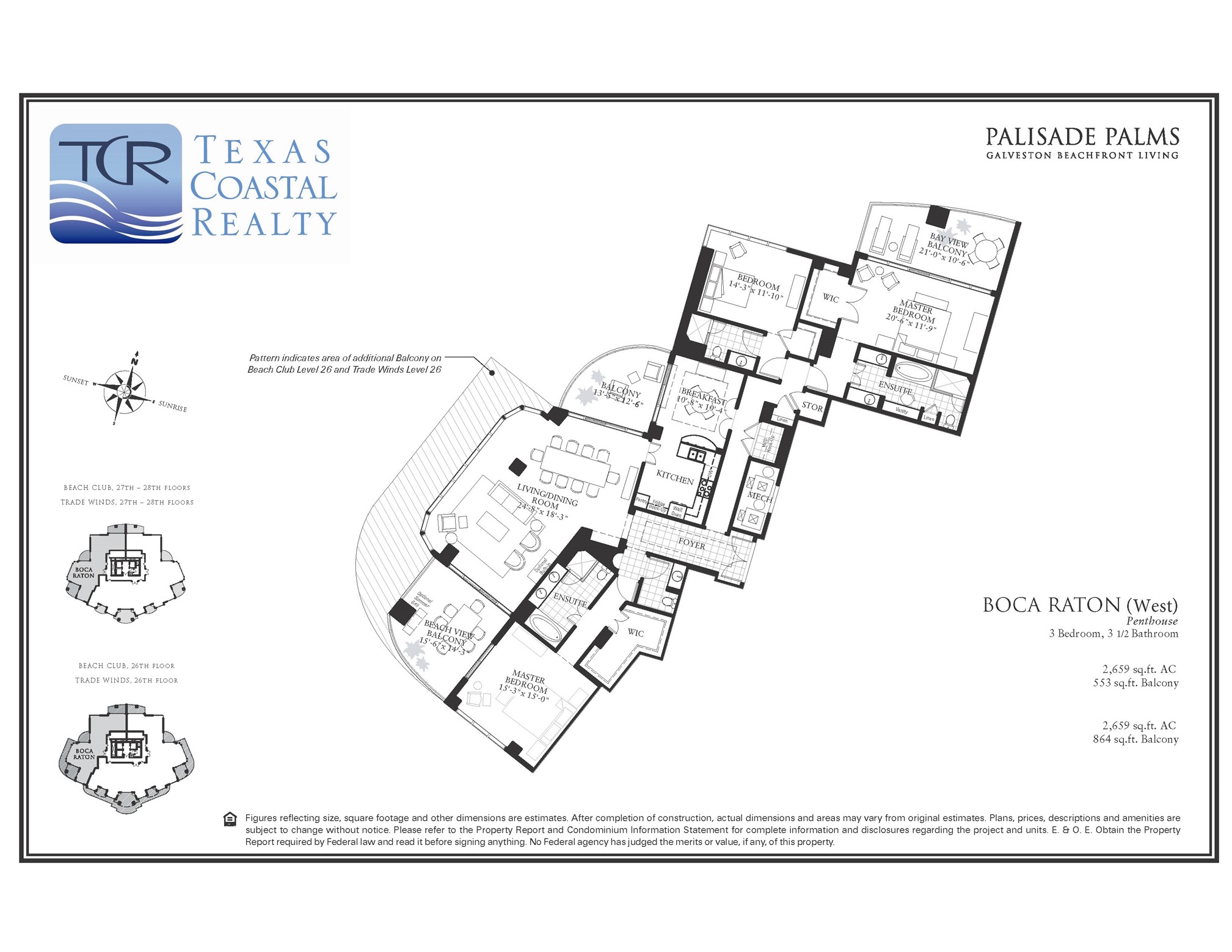Floor plan of the Boca Raton (West) penthouse residence, showing both primary suites and all three balconies