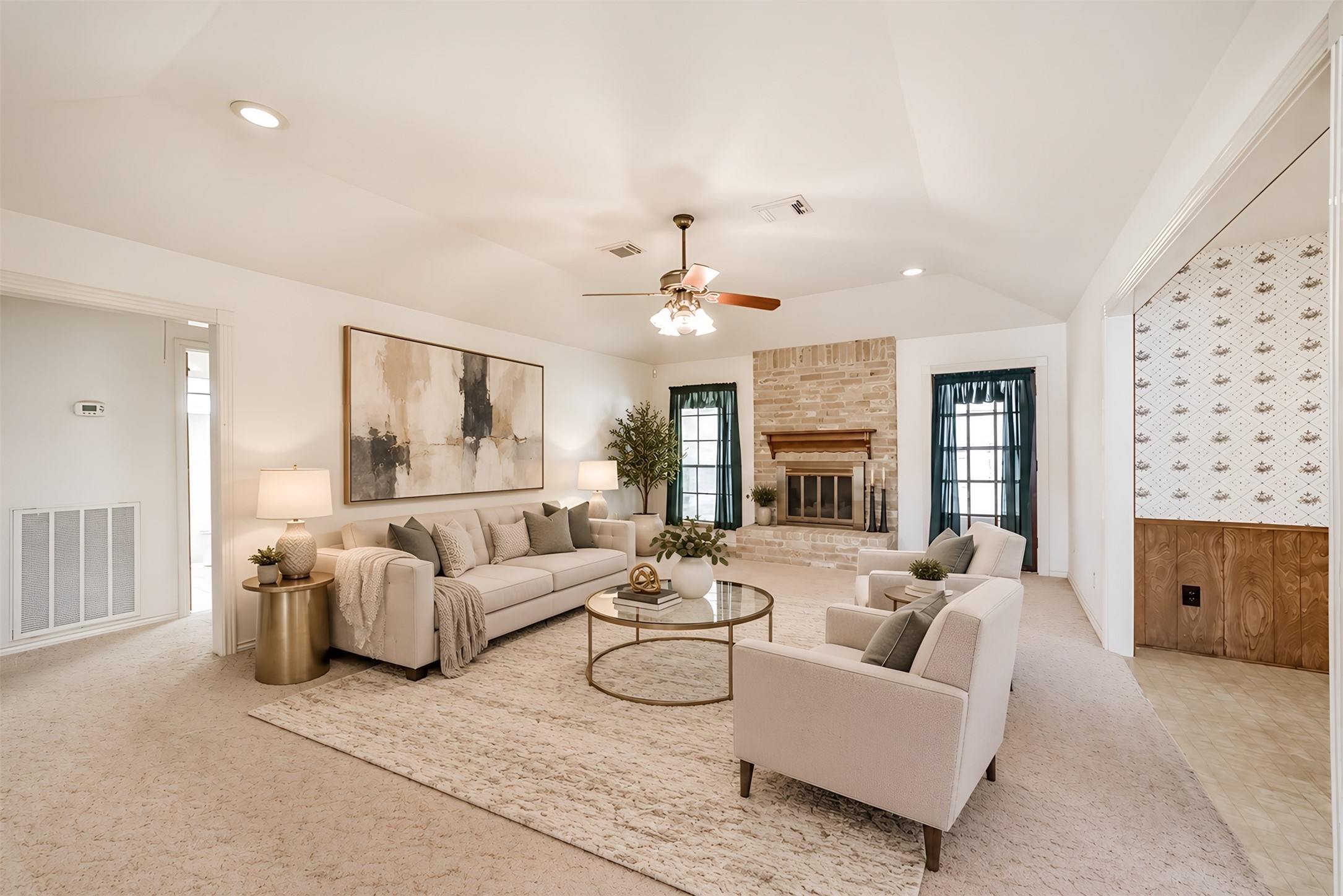 Beautifully staged in a transitional style, this spacious family room offers the perfect blend of comfort and elegance. Soaring ceilings, recessed lighting, and large windows overlooking the back patio create a bright, inviting atmosphere. Gather around the lovely fireplace on chilly winter evenings or imagine adding your own personal style to make this space uniquely yours. With plenty of room for family and guests, this is the perfect setting for holiday celebrations and special gatherings.