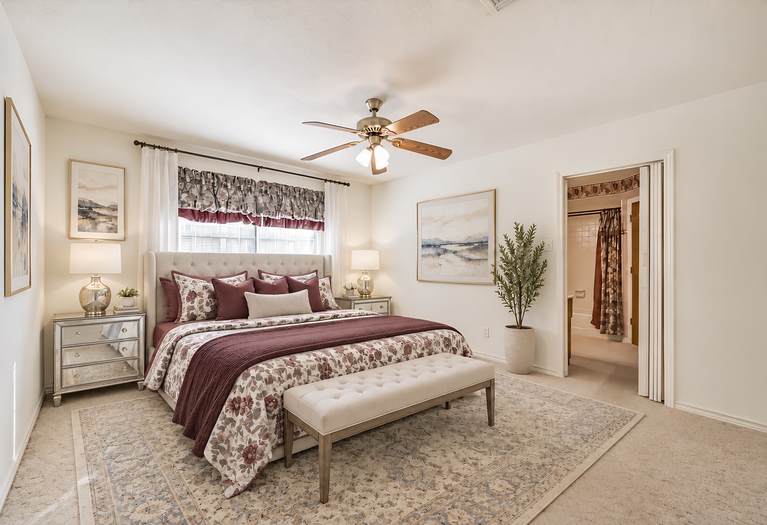 Beautifully staged in a transitional style, this spacious primary bedroom offers the perfect opportunity to create your own private retreat. Imagine unwinding at the end of the day in a peaceful sanctuary tailored to your personal style and comfort. The possibilities are endless!