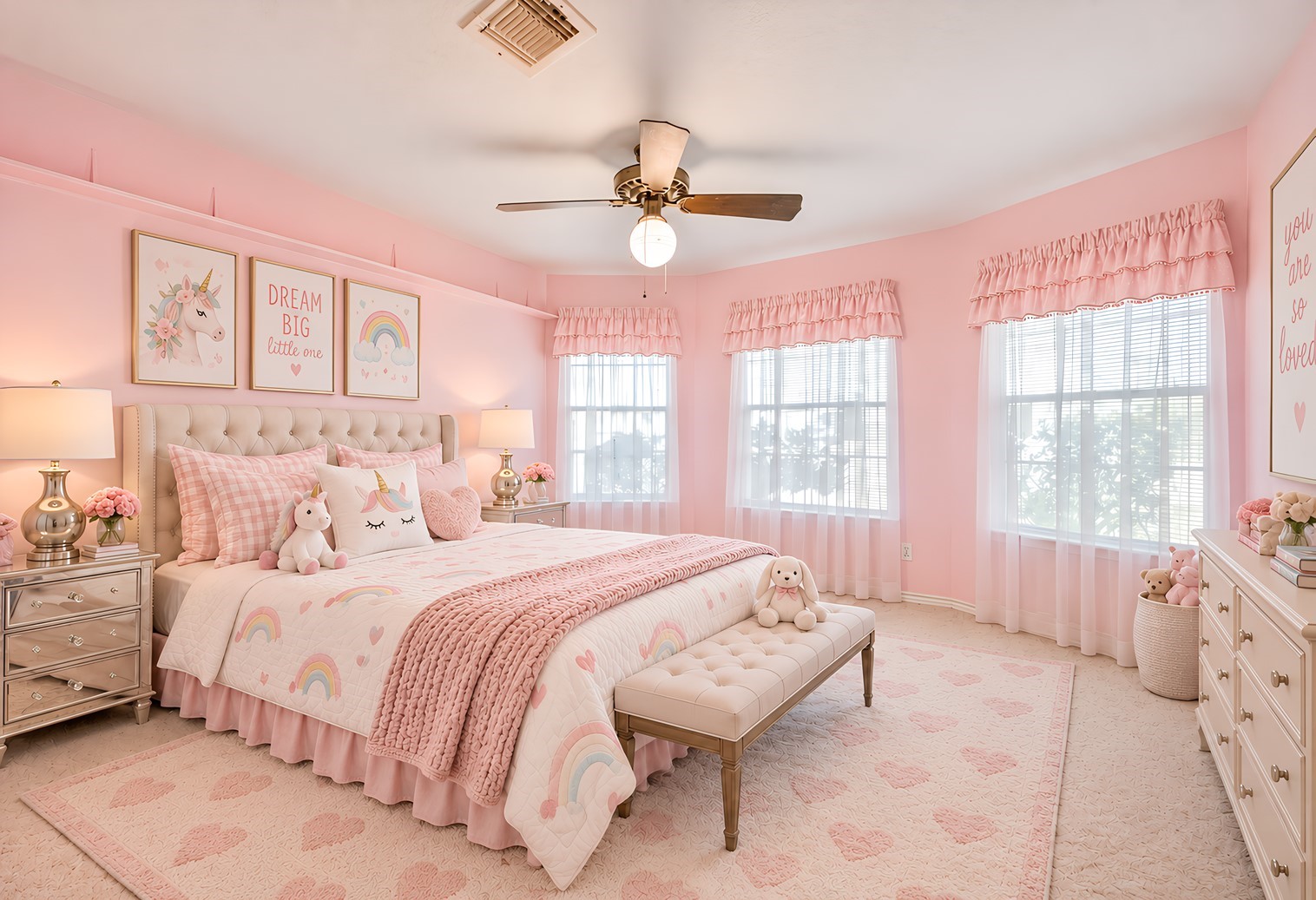 Bedroom #2 is full of charm and storybook appeal! Large windows fill the room with natural light, while generous closet space keeps everything organized. A playful touch of pink adds just the right amount of whimsy, creating a delightful retreat for a little girl to dream, play, and grow.