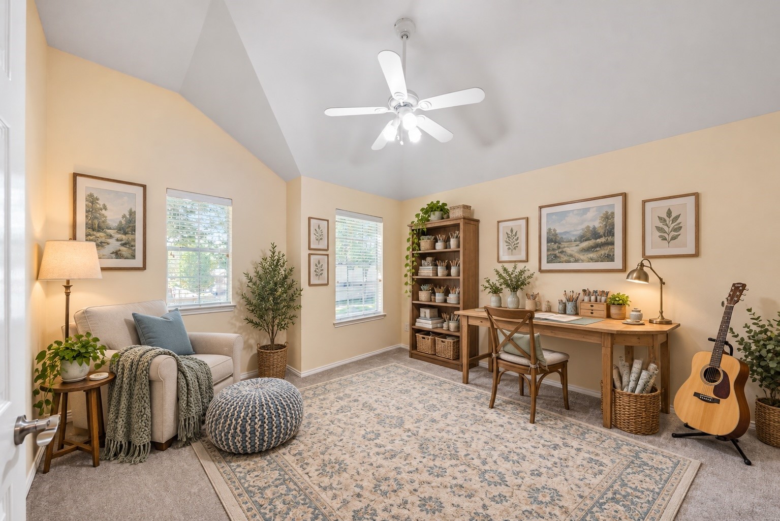 Virtually staged to show how this secondary bedroom can become an inviting hobby room, with space for crafts, creative projects, and favorite pastimes.