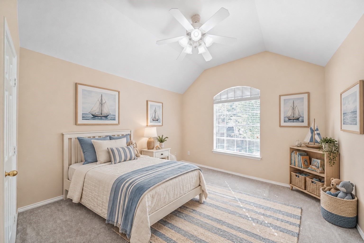 Virtually Staged: This secondary bedroom is styled with a playful sailing theme, creating a cozy space for rest, play, and imaginative adventures.