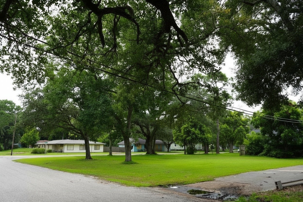 View of this spacious corner lot from N Houston Dr. Photo has been digitally enhanced.