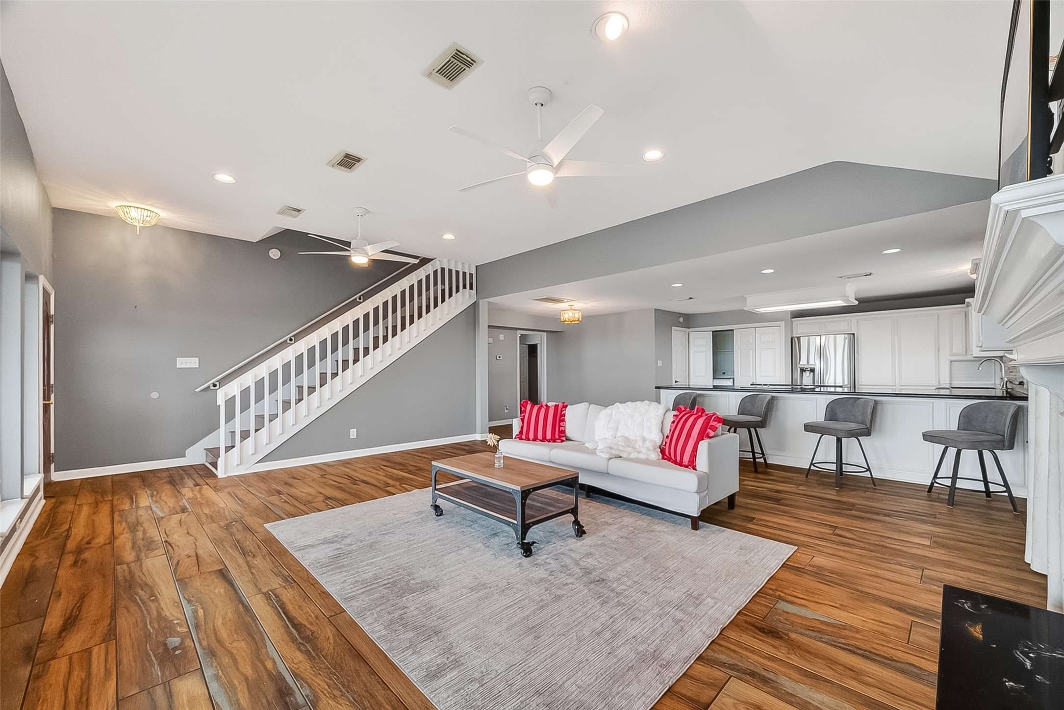 Very open concept! Living room, dining, and kitchen! Primary upstairs and two bedrooms and bathroom down!