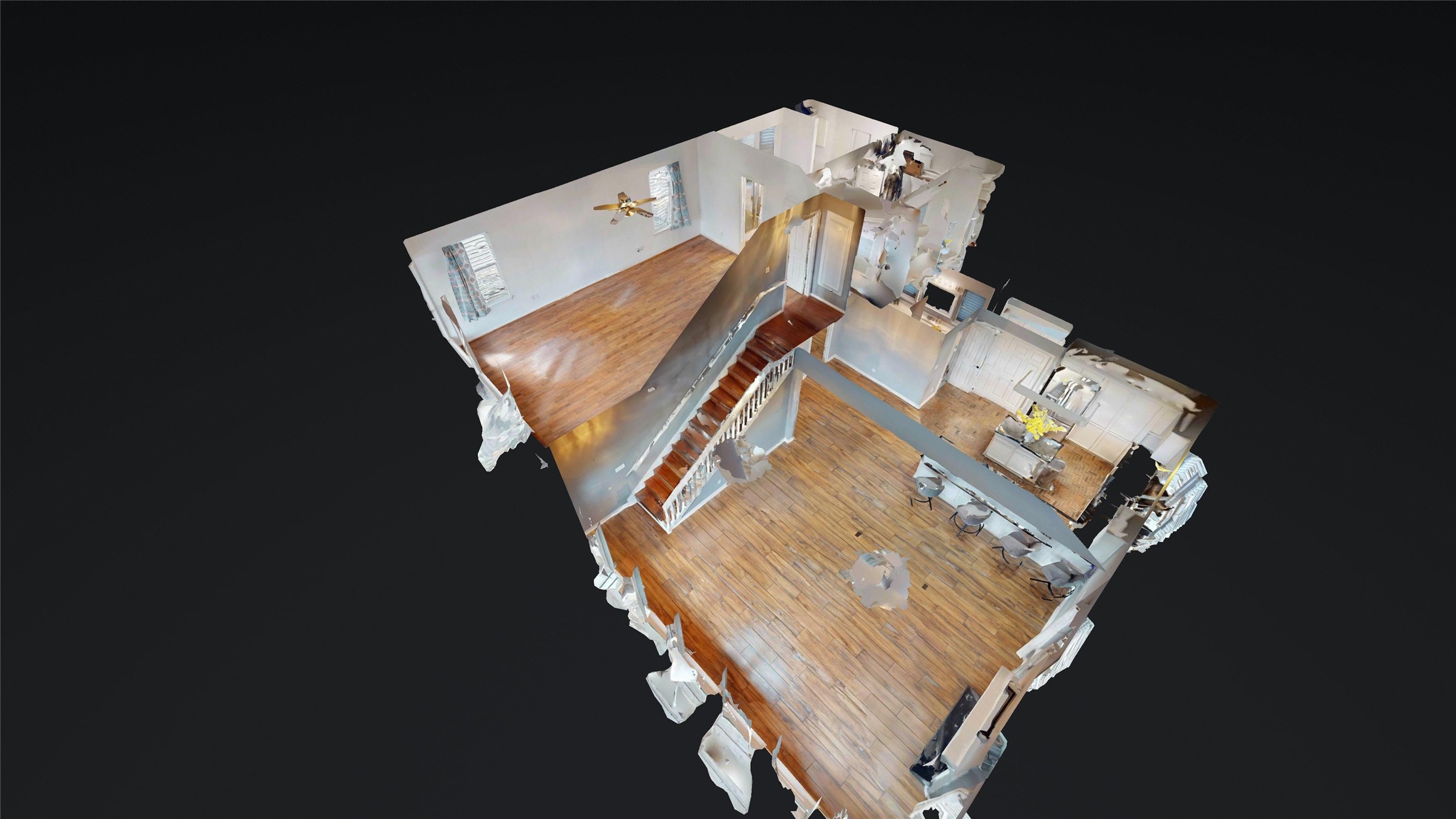 3D floor plan, living, kitchen, dining, two bedrooms and one bathroom down below, upstairs is primary with ensuite bathroom and walk in closet
