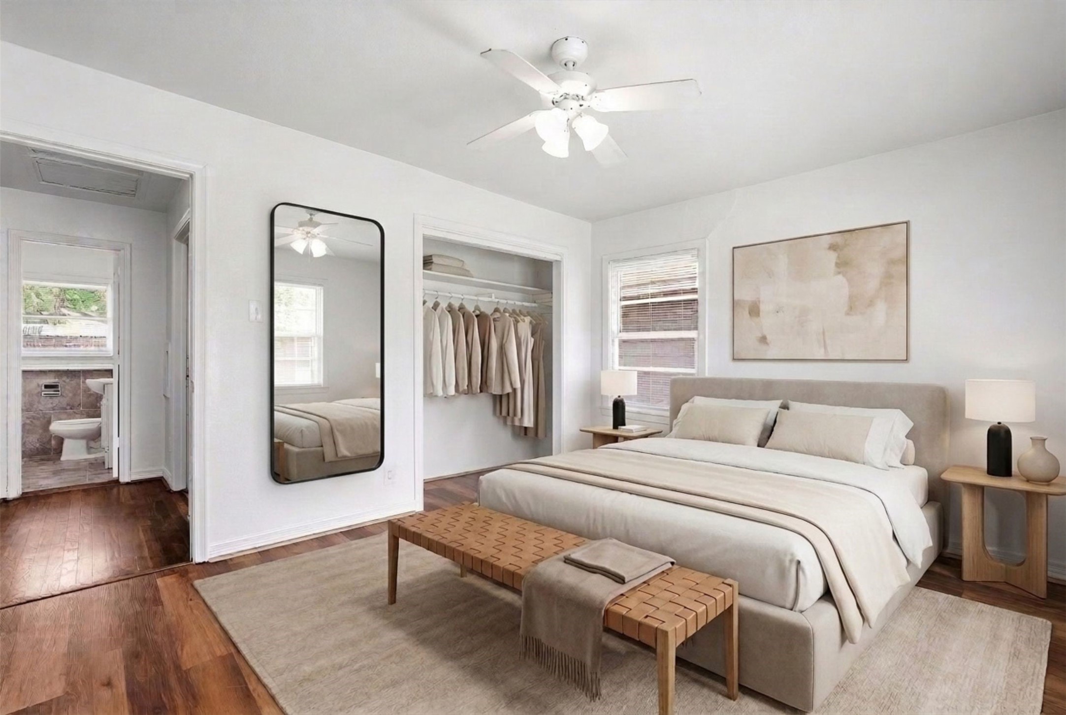 Experience the perfect blend of elegance and comfort in this bedroom, featuring stylish decor, and abundant natural light, seamlessly connected to a chic en-suite bathroom. (Virtual Staging) Experience the perfect blend of elegance and comfort in this bedroom, featuring stylish decor, and abundant natural light, seamlessly connected to a chic en-suite bathroom. (Virtual Staging)