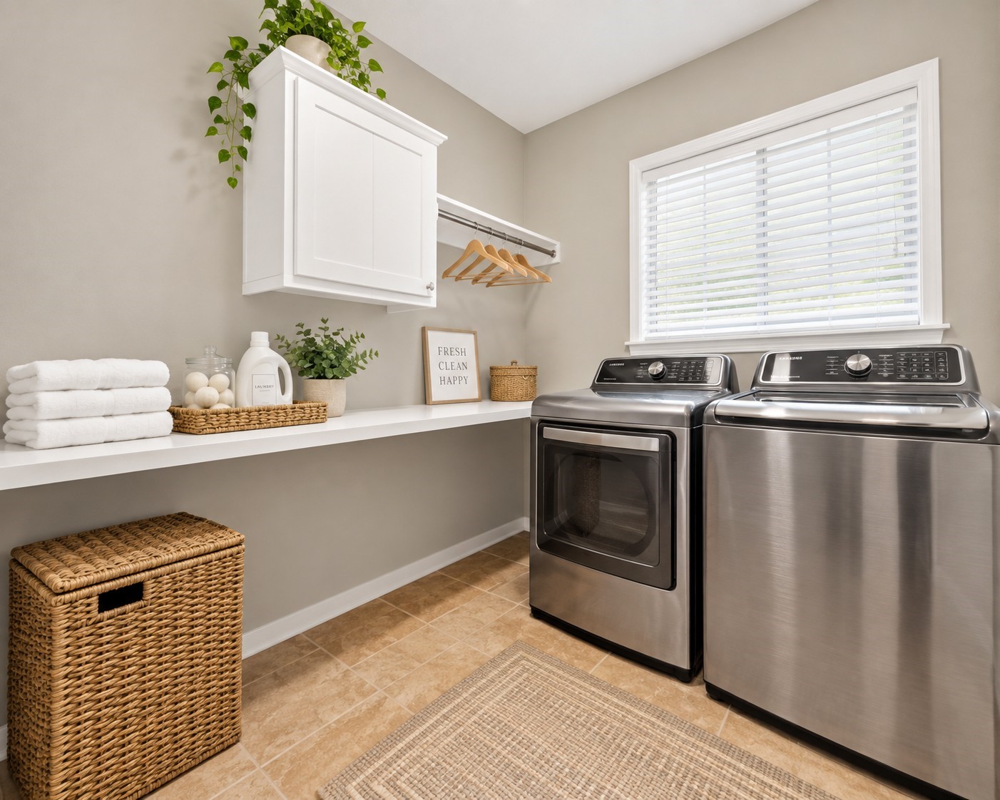 The laundry room features tile flooring, a window with blinds, and built-in cabinetry for convenient storage. A hanging bar and long shelf provide practical space for clothing care, folding, and everyday organization. **Virtually Staged**