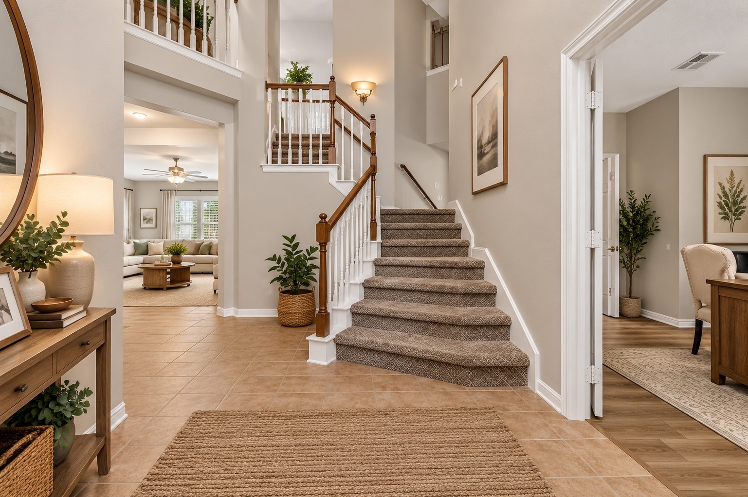 The welcoming entry space offers access to a front bedroom (currently shown as a home office), the stairway, and a peek into the family room beyond. ** Virtually Staged**