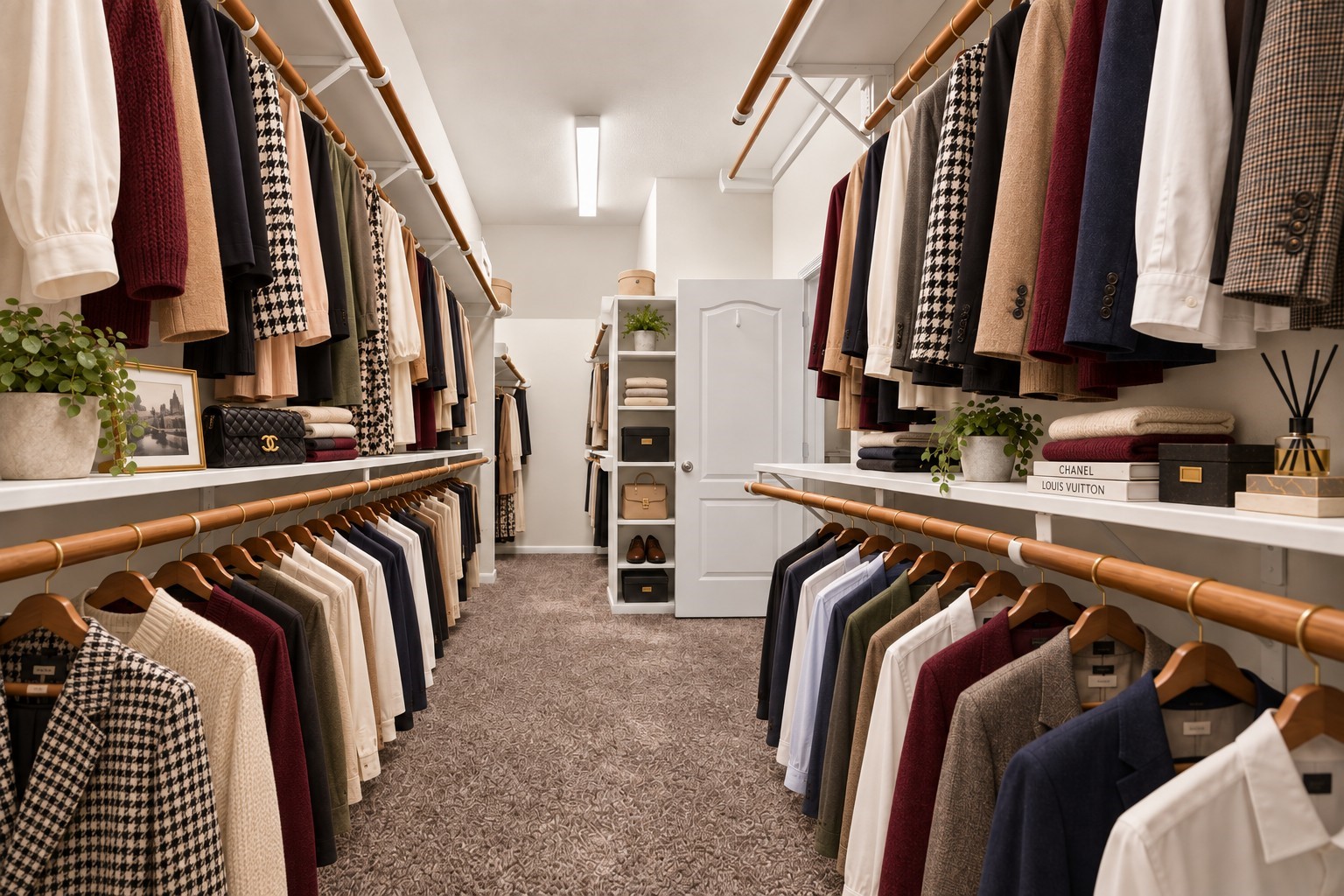 From the opposite angle, the expansive primary closet showcases multiple hanging areas and built-in shelving for exceptional organization and storage. The generous layout offers plenty of room for clothing, shoes, accessories, and more. **Virtually Staged**