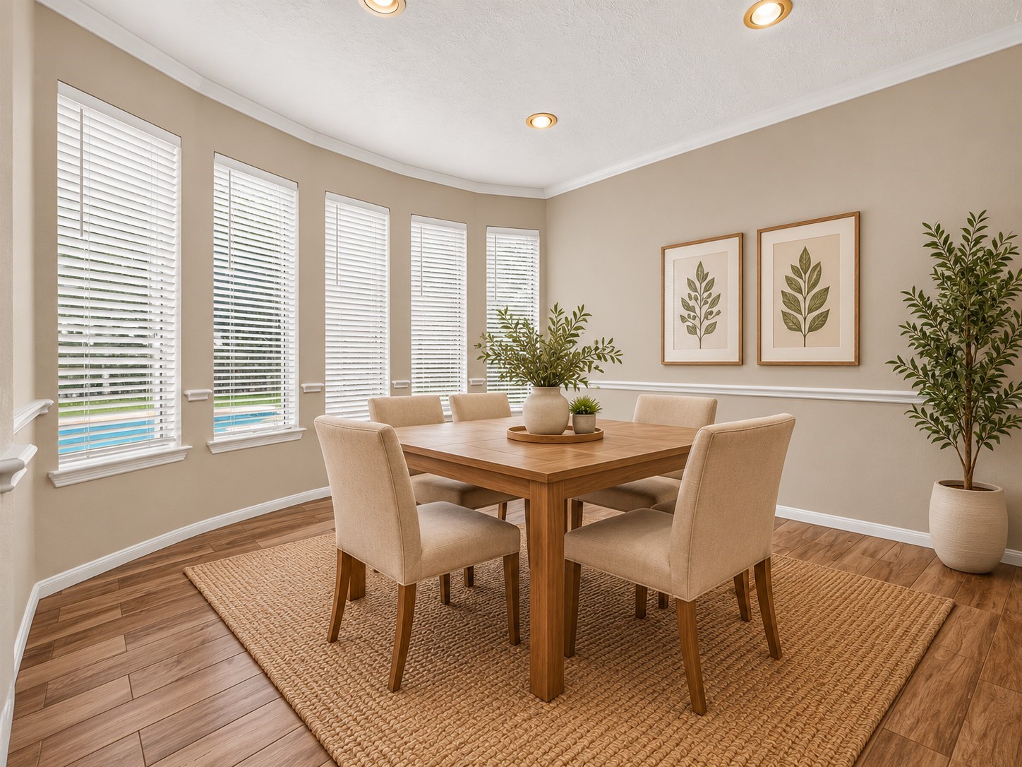 Enjoy views of the backyard pool while dining, adding a relaxing backdrop to everyday meals and entertaining. The dining is room filled with natural light from a wall of windows with blinds and is finished with crown molding and a classic chair rail. **Virtually Staged**