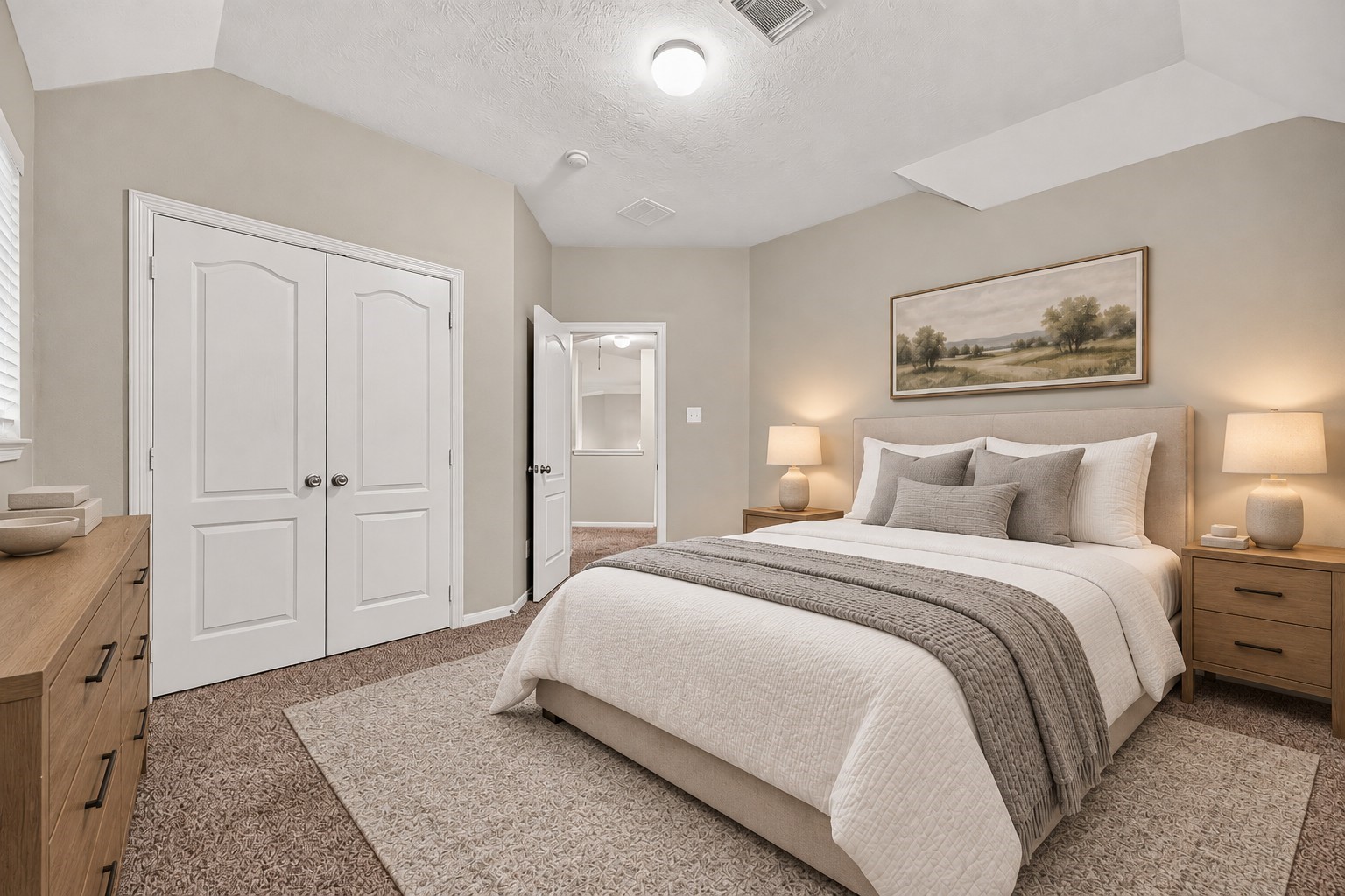 The bedroom offers generous closet space to keep clothing and personal items neatly organized. The comfortable layout provides plenty of room for guests while maintaining a bright, open feel. **Virtually Staged**