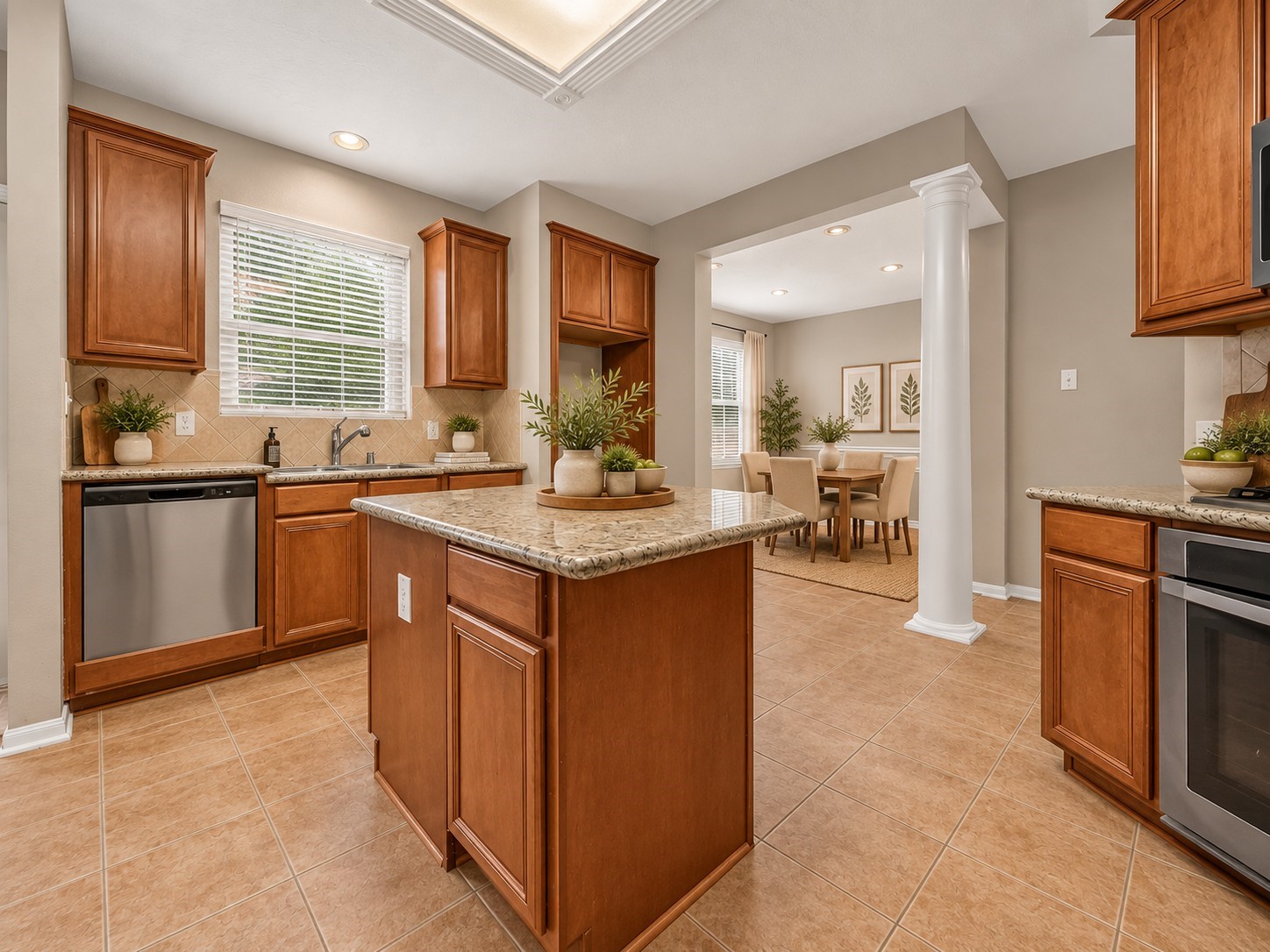 The kitchen features granite countertops, stainless steel appliances, and easy-care tile flooring throughout. A window with blinds above the sink brings in natural light while offering added privacy. **Virtually Staged**