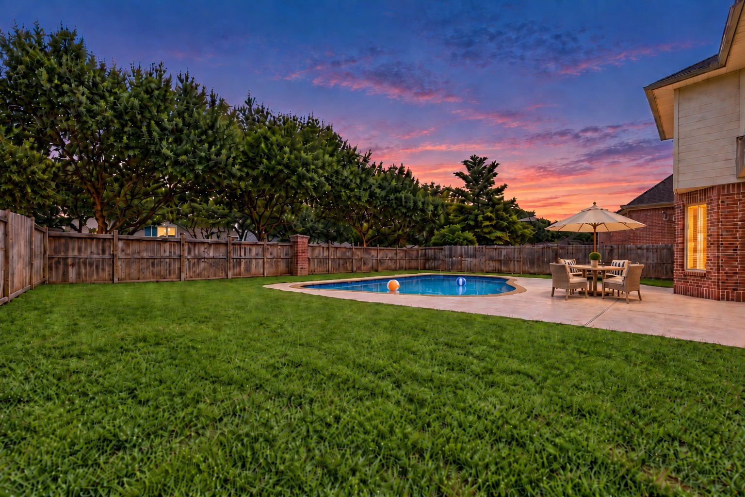 A generous grassy area provides room for outdoor games, playtime, and pets to enjoy. **Patio Furniture is virtually staged.**