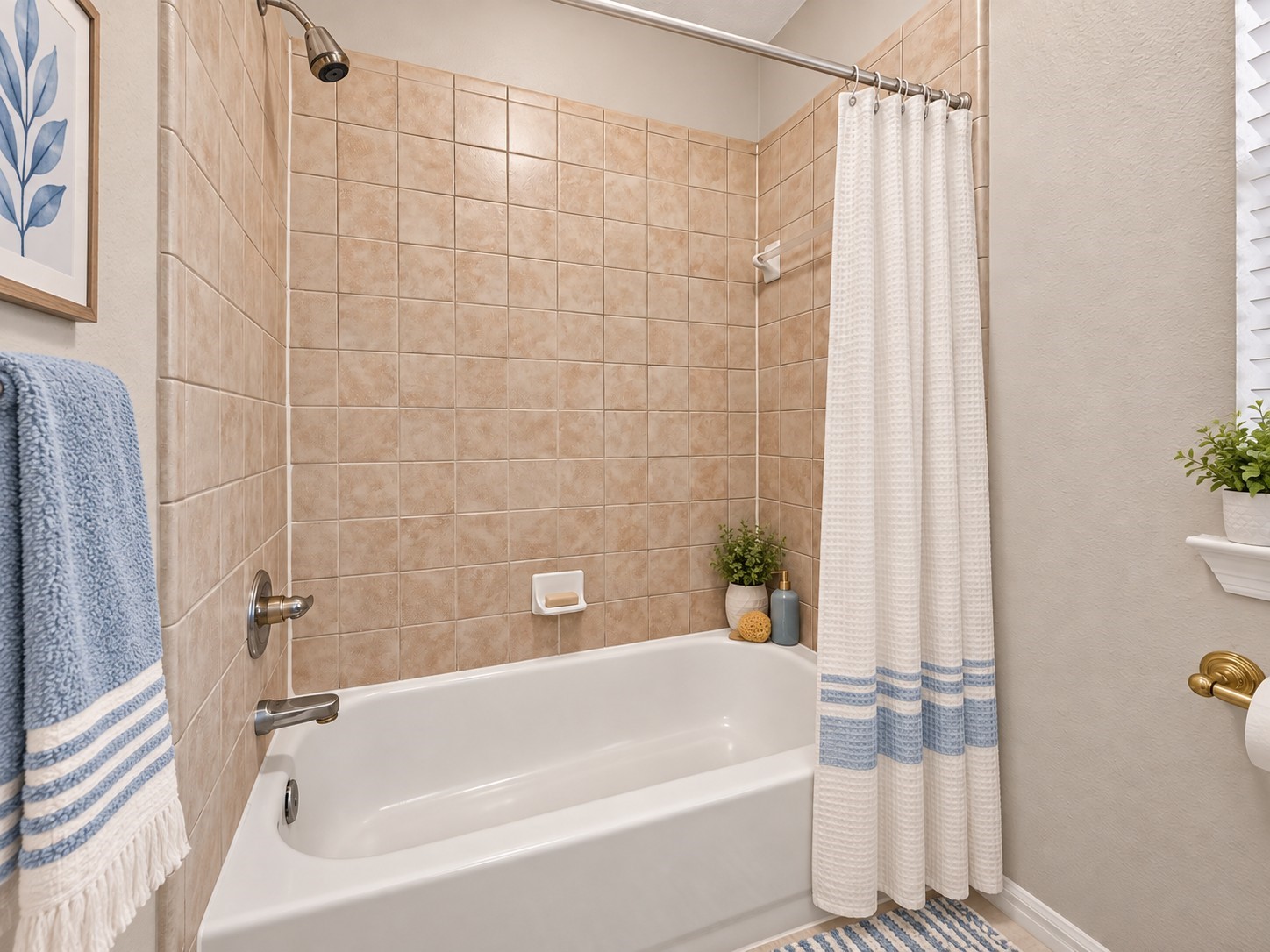 This shower/tub combination has a neutral tile surround for a clean, timeless look. A great setup for family or guests, offering both the convenience of a shower and the option of a relaxing bath. **Virtually Staged**