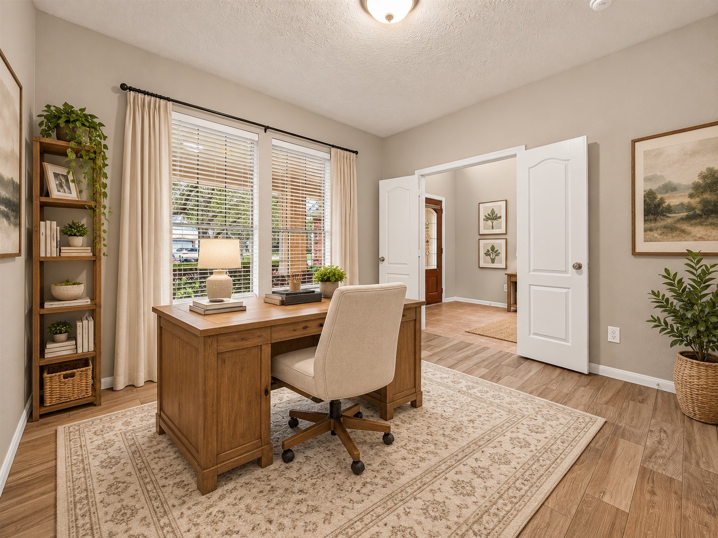 Located directly off the entry, the first-floor bedroom is currently shown as a home office, offering flexibility to fit your needs. French doors, tile flooring, and large windows create a bright and functional space with plenty of natural light. **Virtually Staged**