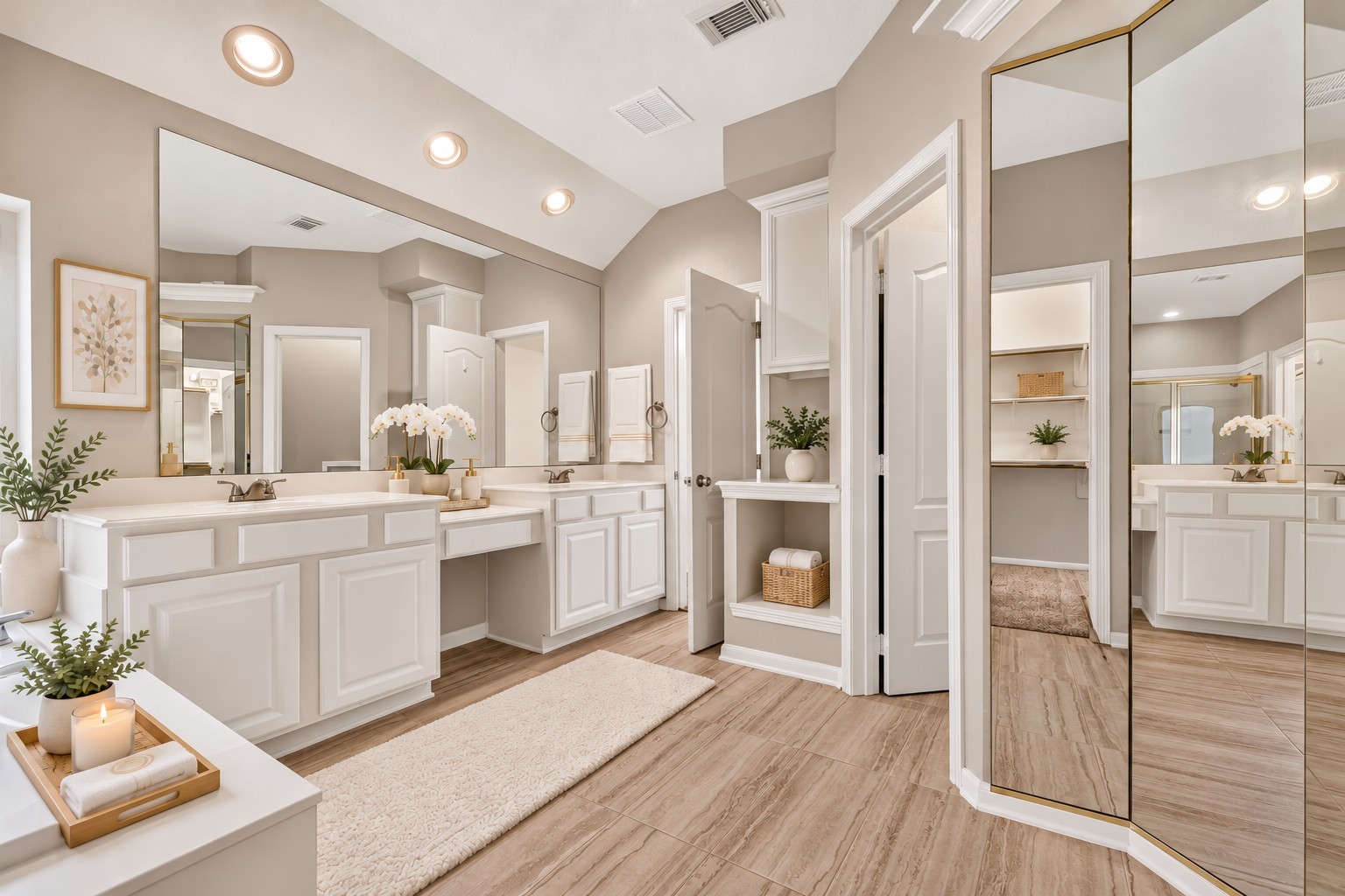 Featuring dual sinks and vanities, a three-way mirror, recessed lighting, and easy-care tile flooring the primary bathroom feels like your own personal spa. A bright, functional layout provides plenty of space to get ready and unwind. **Virtually Staged**