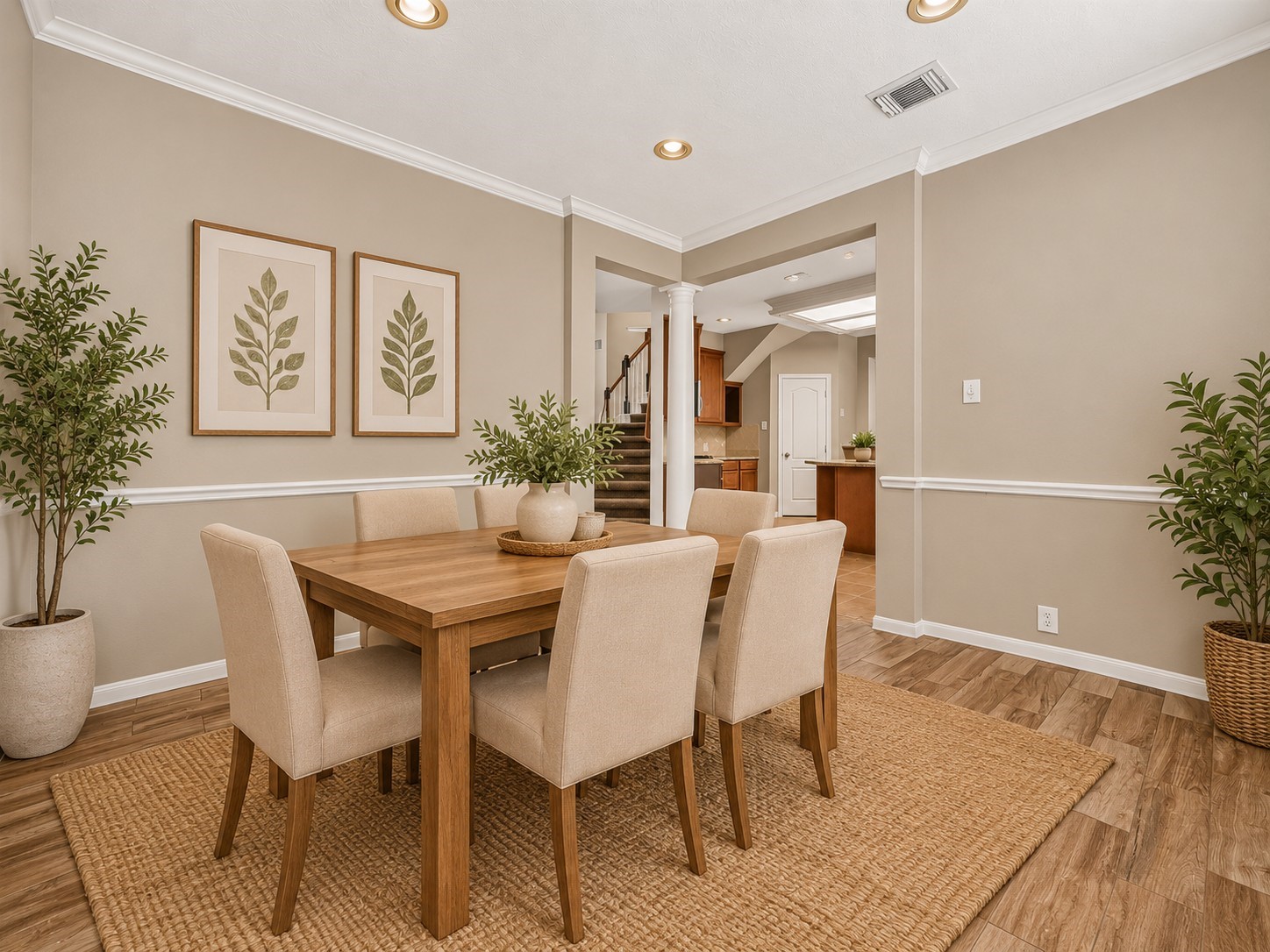 The dining room features recessed lighting and an open connection to the kitchen for easy everyday flow. The nearby back stairway adds convenient access to the second floor while keeping the space connected to the heart of the home. **Virtually Staged**