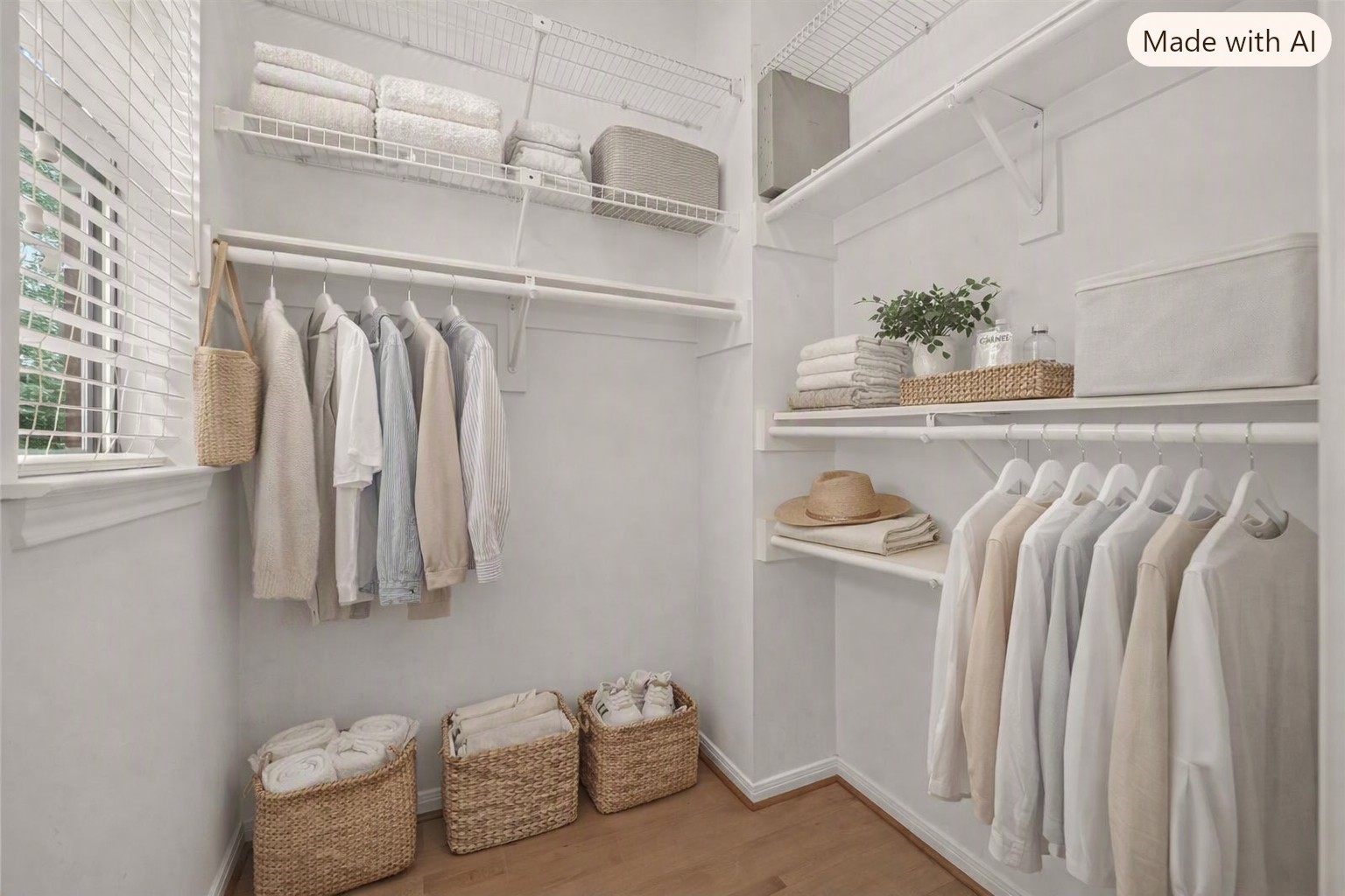 Spacious walk-in closet, virtually staged to showcase its storage potential and help you envision an organized space for your wardrobe and accessories.