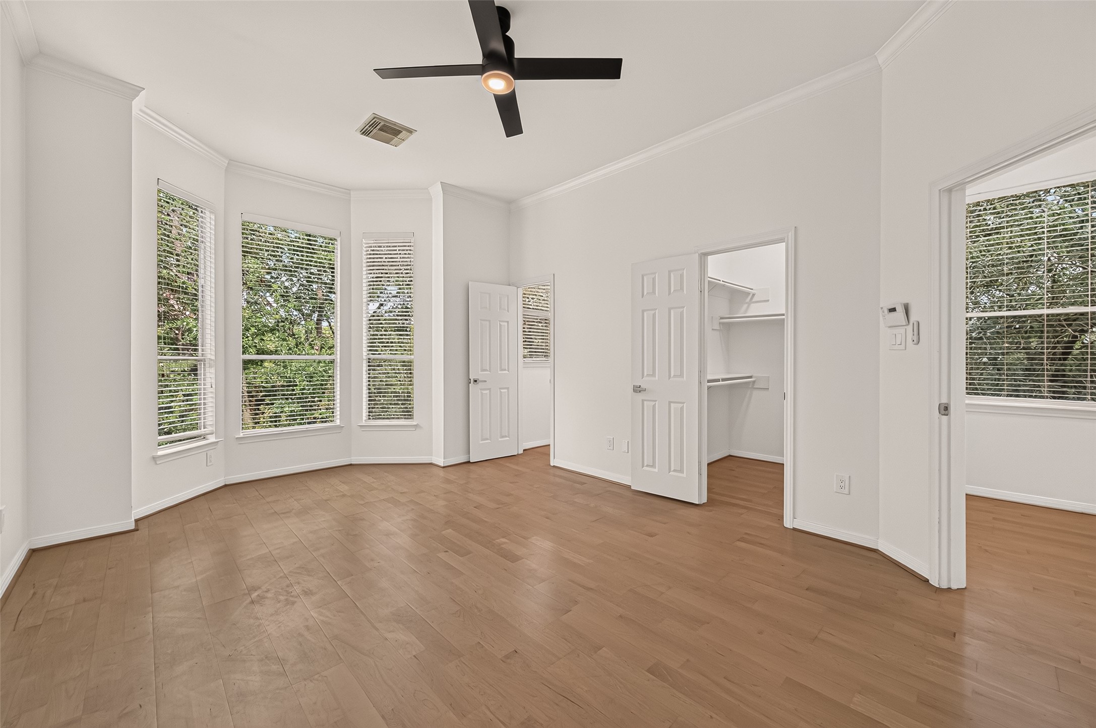 Master bedroom with 2 walk-in closets. The door on the left is a large walk-in closet with a window.