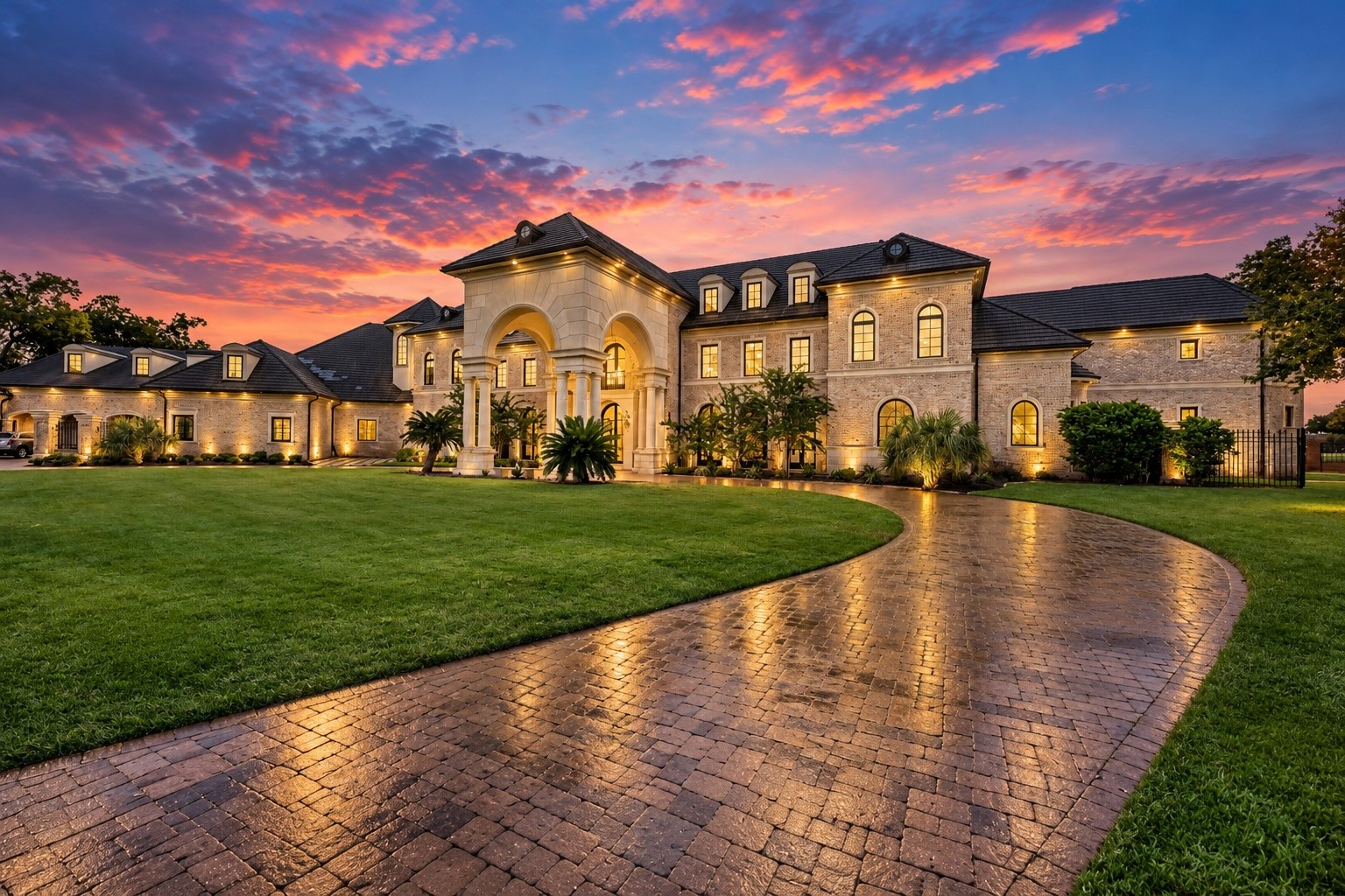 A breathtaking twilight introduction to 23 Beacon Hill, showcasing the estate's stately architecture, sweeping circular drive, beautifully manicured grounds, and impressive presence within gated Sweetwater Estates in Sugar Land, Texas.