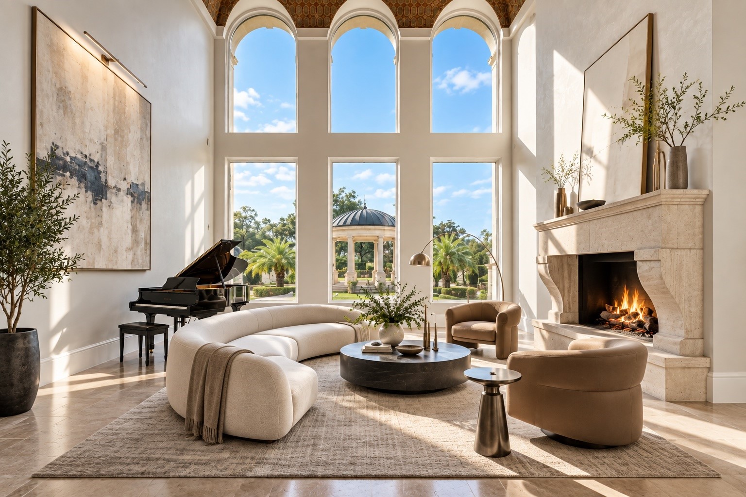 Soaring windows, graceful architectural arches, a statement fireplace, and sophisticated furnishings define this impressive formal living space, offering dramatic proportions and beautiful views of the surrounding landscape.