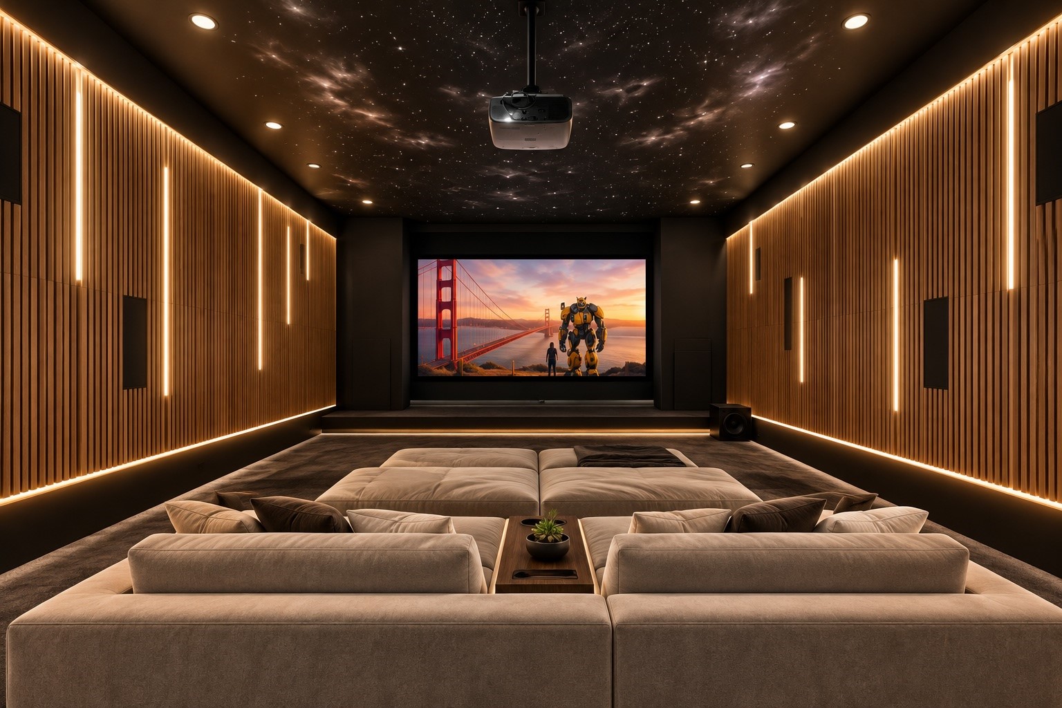 An impressive dedicated home theater features tiered lounge seating, dramatic lighting, and a large projection screen, delivering an immersive cinematic experience in the privacy of home.