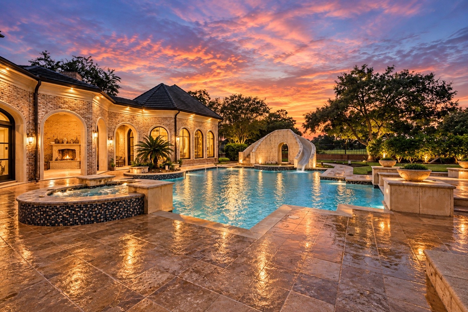 A spectacular twilight view showcases the estate's resort-inspired swimming pool, spa, architectural water features, and beautifully illuminated stone terraces, creating an extraordinary setting for outdoor relaxation and entertaining.