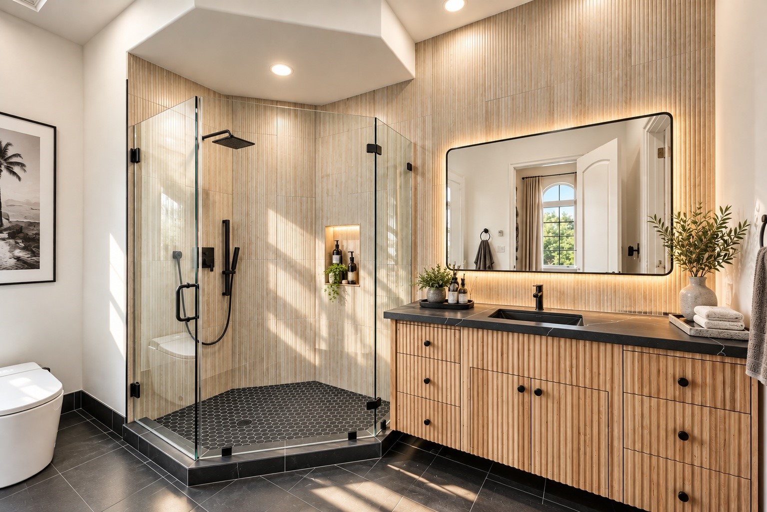 An elegant bathroom offers a spacious glass-enclosed shower, custom-style vanity, and refined neutral finishes, balancing modern function with timeless design.
