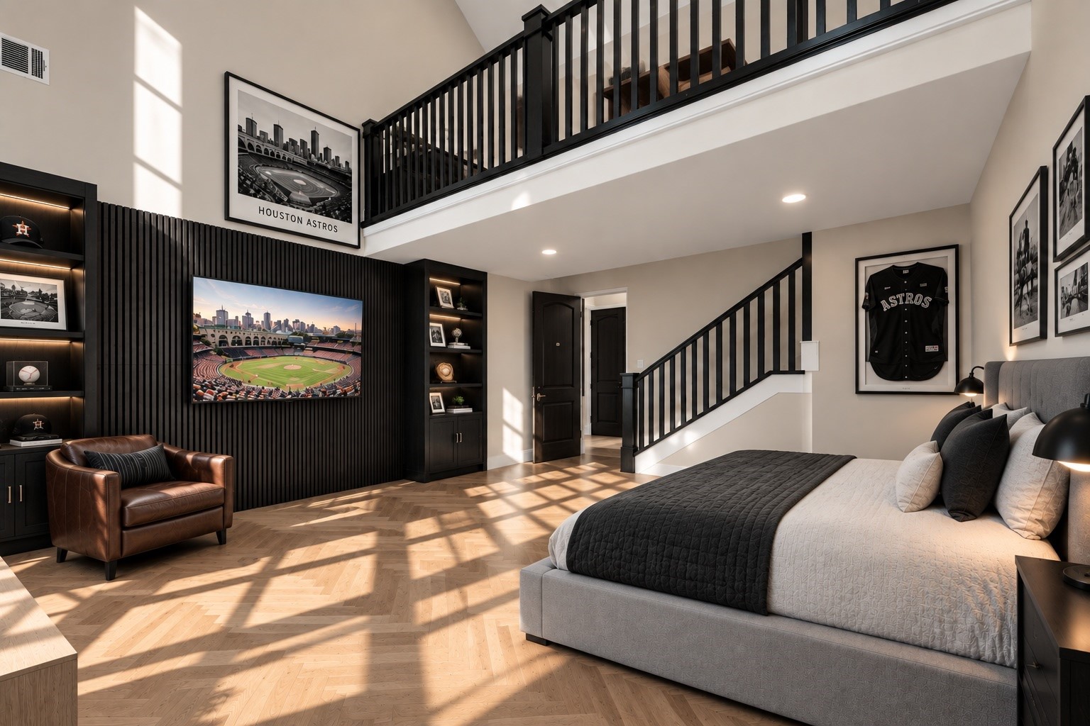 A distinctive multilevel bedroom combines dramatic ceiling heights, modern architectural detailing, and a private loft-style upper level, offering flexible space for relaxation and personal interests.