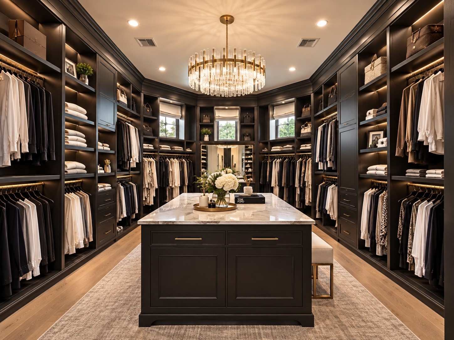 An exceptional custom dressing room offers extensive built-in cabinetry, illuminated display shelving, a central island, and beautifully organized storage designed to accommodate an extensive wardrobe.